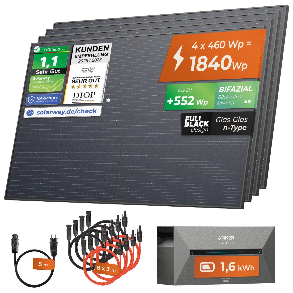 Solarway Balkonkraftwerk 1840 Wp / 800 Watt All in One mit 1,6 kWh Anker 2 Pro Speicher, 1840 W, Monokristallin, (460W Solarmodule & Anker Speicher & Zubehör), Komplettset Solaranlage Steckdose / Bifazial