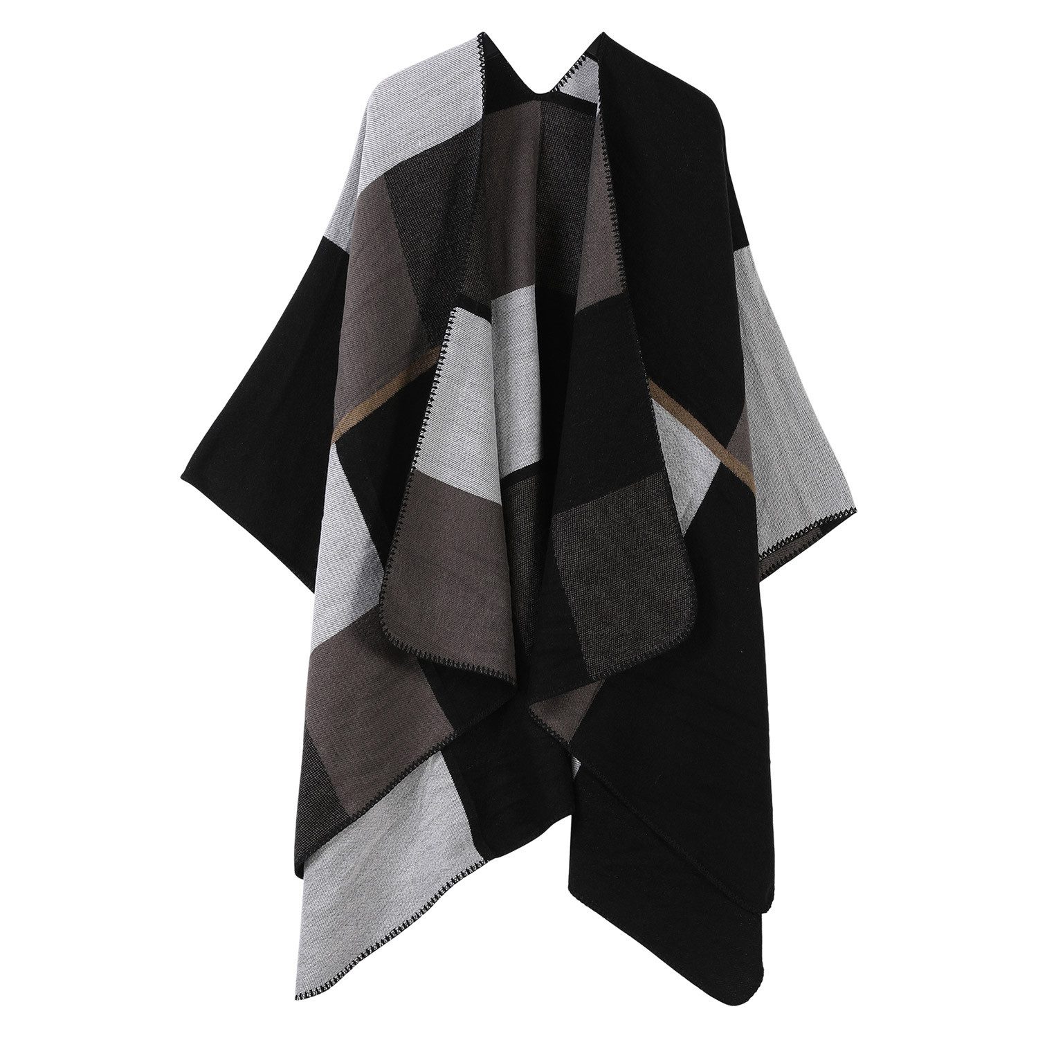 Refttenw Poncho Damen Sommer, Klassischer Karo Wickelponcho, Asymmetrisch 160x135cm, Dicker Stoff Wärmend für Klimatisierte Räume