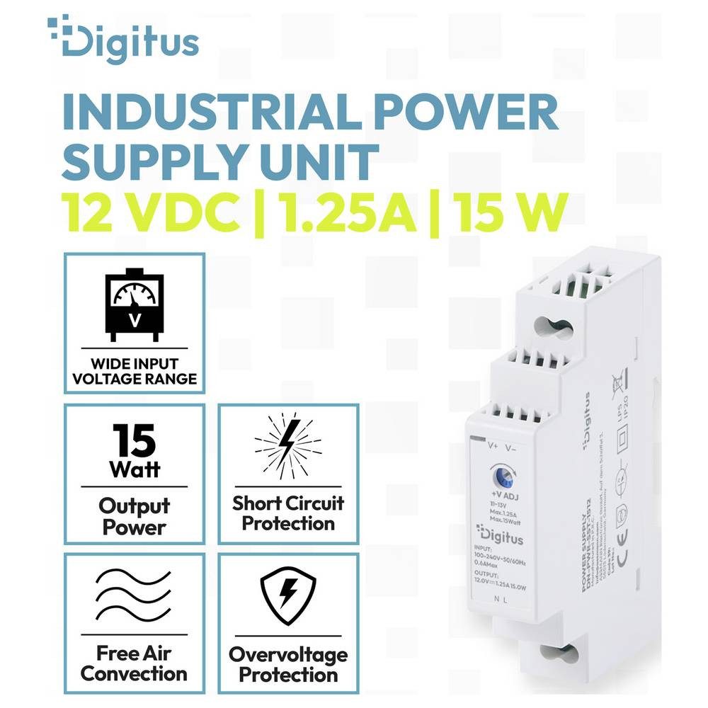 Digitus Hutschienen-Netzteil (DIN-Rail) 12 V/DC 1.25 A 15 W Inhalt 1 St. Hutschienen-Netzteil