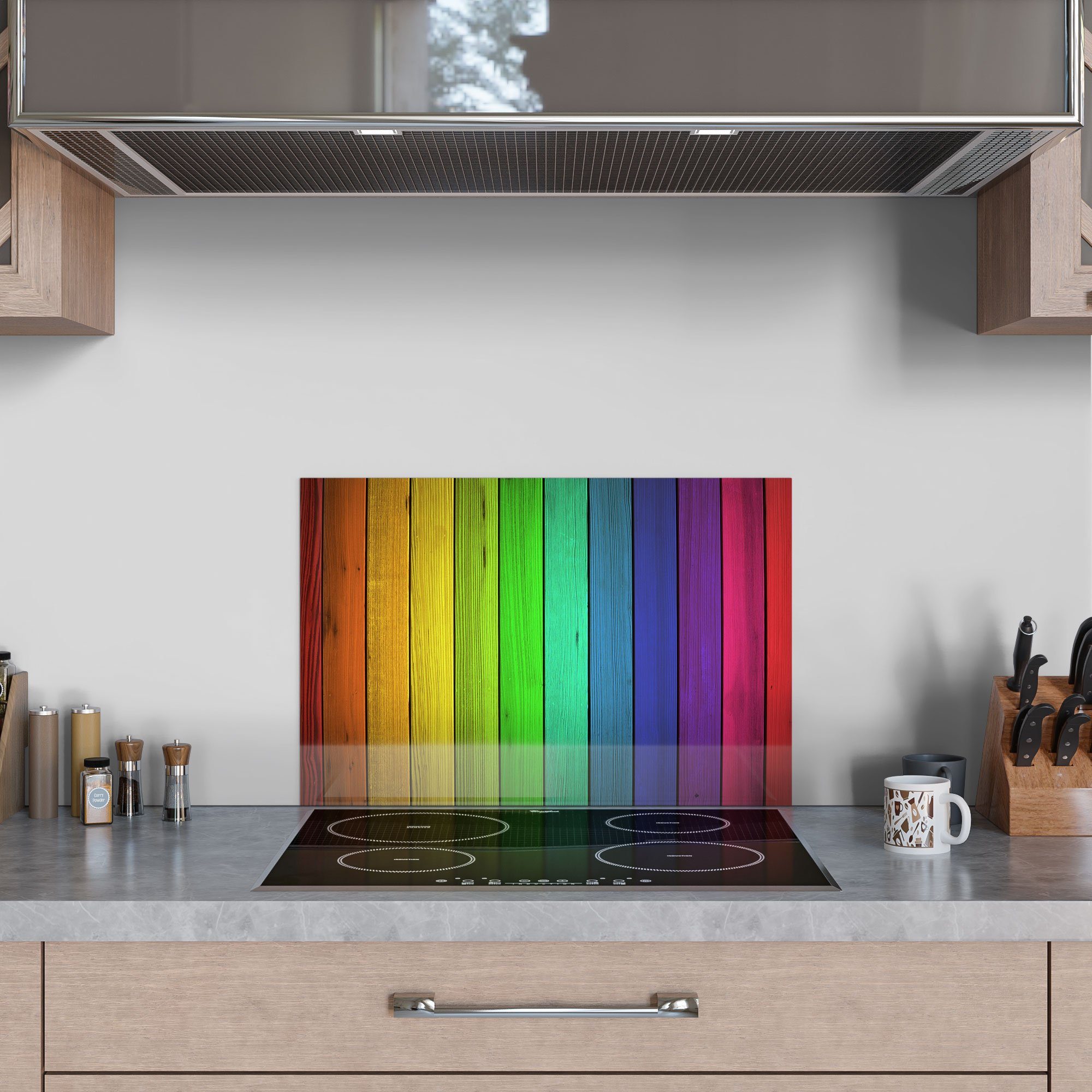 Badrückwand Herdblende DEQORI 'Farbige Küchenrückwand Holzlatten', Spritzschutz Glas