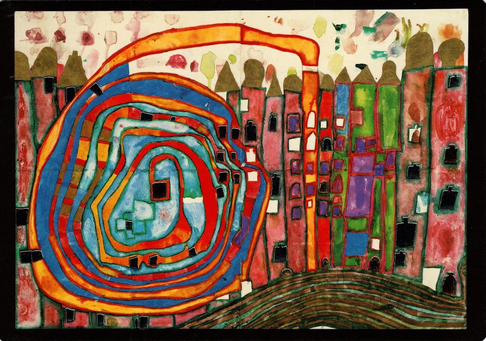 Postkarte Kunstkarte Hundertwasser "Who has eaten all my Windows"