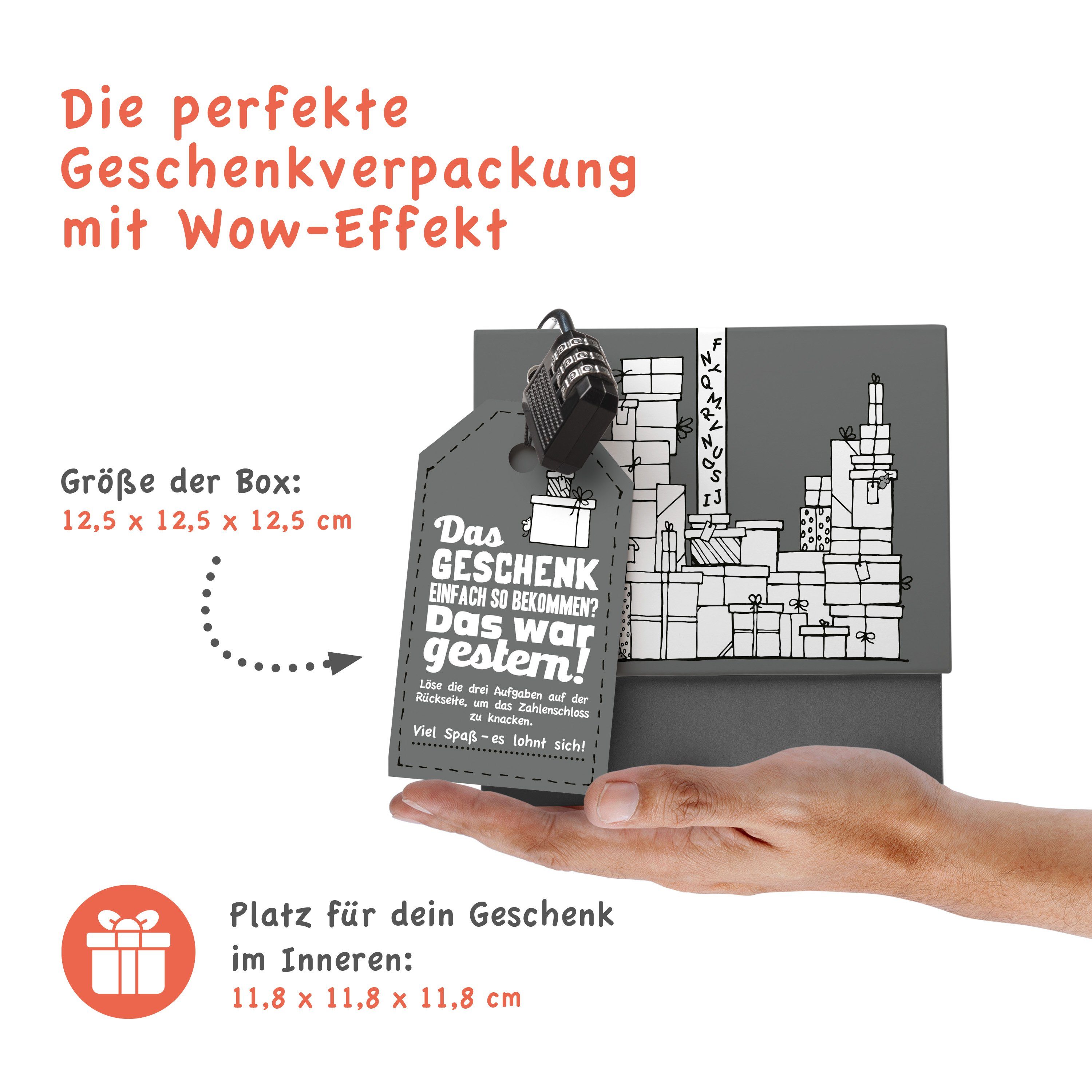 SURPRISA Geschenkbox Rätzel Geschenkbox, Geldgeschenk Verpackung & Gutschein Geschenk Box (inkl. 3-stelligem Zahlenschloss), Geschenkkarton Geschenkrätsel, 12,5 x 12,5 x 12,5 cm, grau