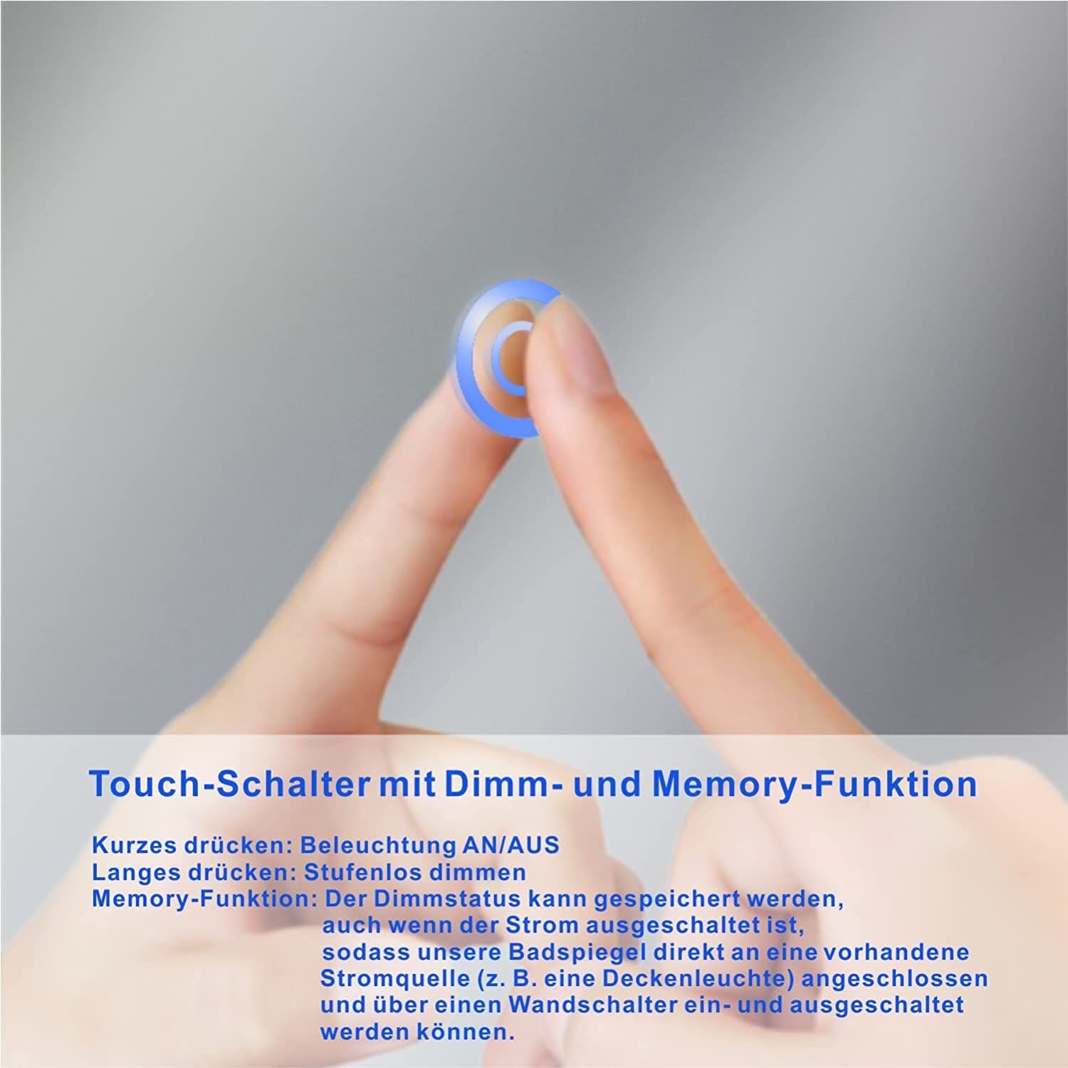 AQUABATOS LED-Lichtspiegel Led Spiegel Bad Badspiegel mit Beleuchtung 60x80 50x70cm, Kaltweiß 6400K, Touch Schalter, Dimmbar, Memory-Funktion, Antifog – Bild 4 von 5