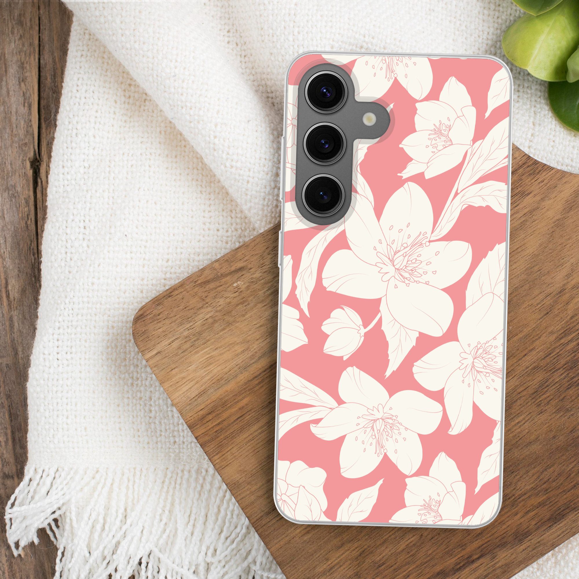 MuchoWow Handyhülle für Samsung Galaxy S24 Blumen - Muster - Rosa - Weiß, Phone Case, Silikon, Schutzhülle Dünn