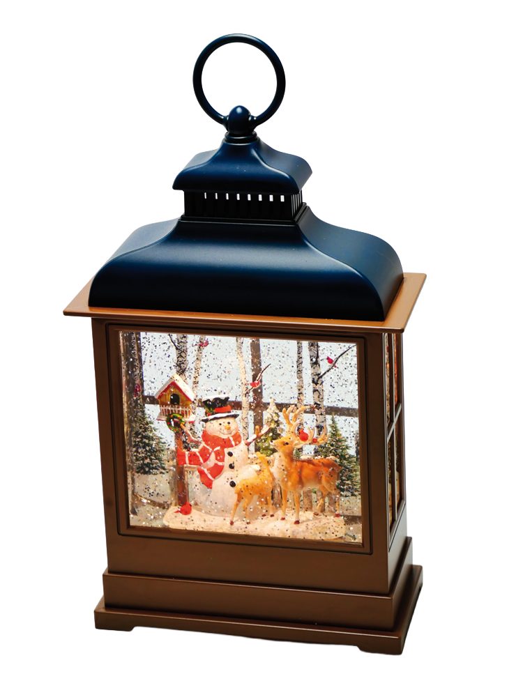 Musicboxworld Spieluhr Laterne – Schneemann am Vogelhaus mit Hirsch und Rehkitz