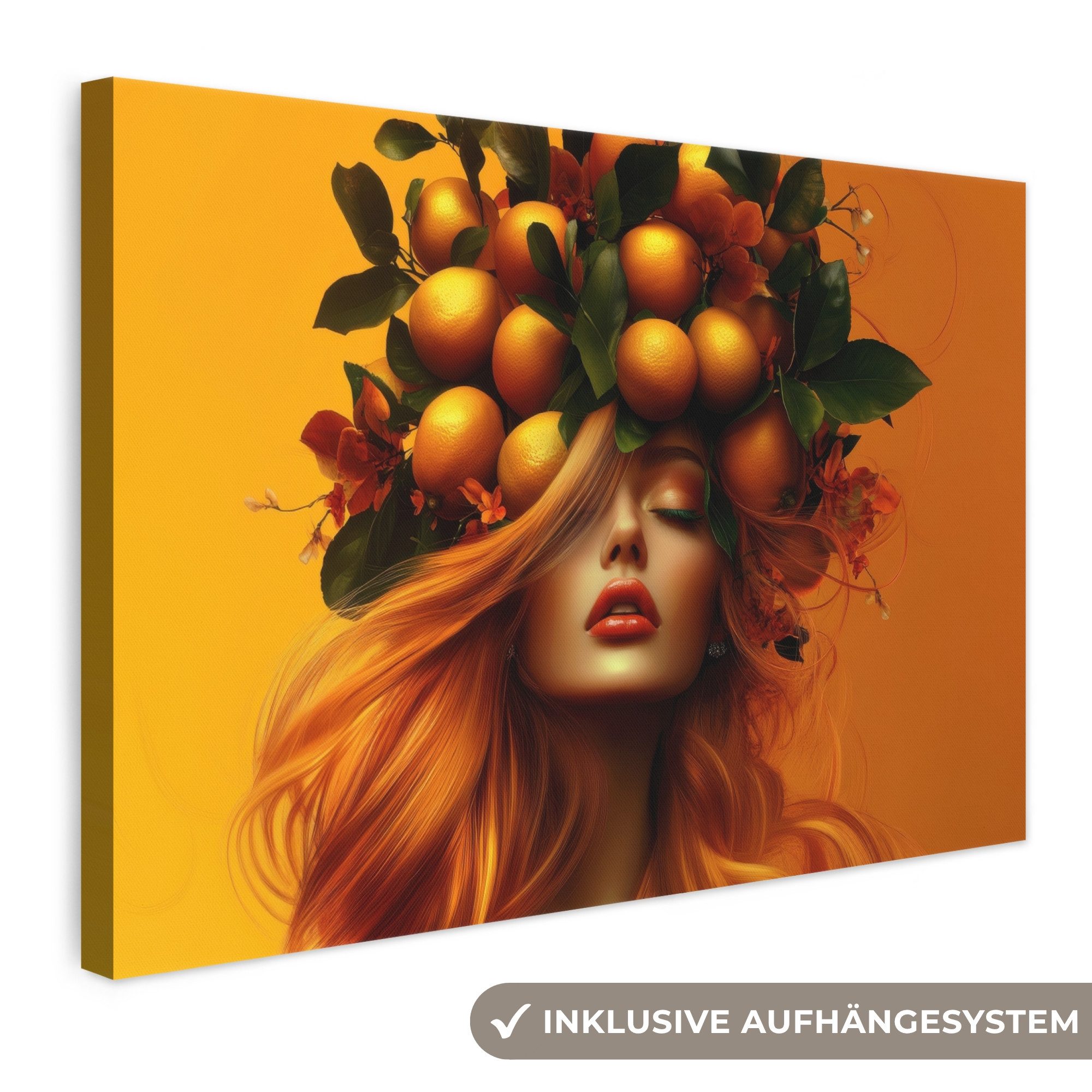 OneMillionCanvasses® Leinwandbild Frau - Zitronen - Blüte - Gelb - Küche, Fotodruck (1 St), Leinwand Bilder Klein, Wand Dekoration Aesthetic 30x20 cm