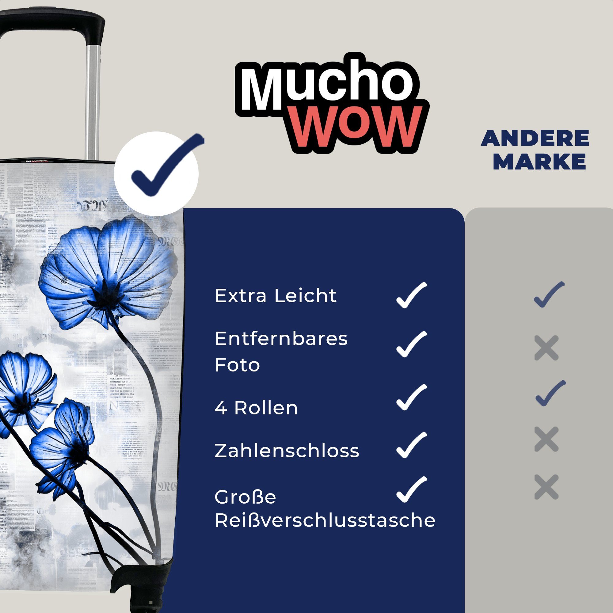 Ferien, für Trolley, Handgepäck Zeitungspapier rollen, Rollen, MuchoWow Reisekoffer mit Blumen Blau, 4 - - Handgepäckkoffer Reisetasche