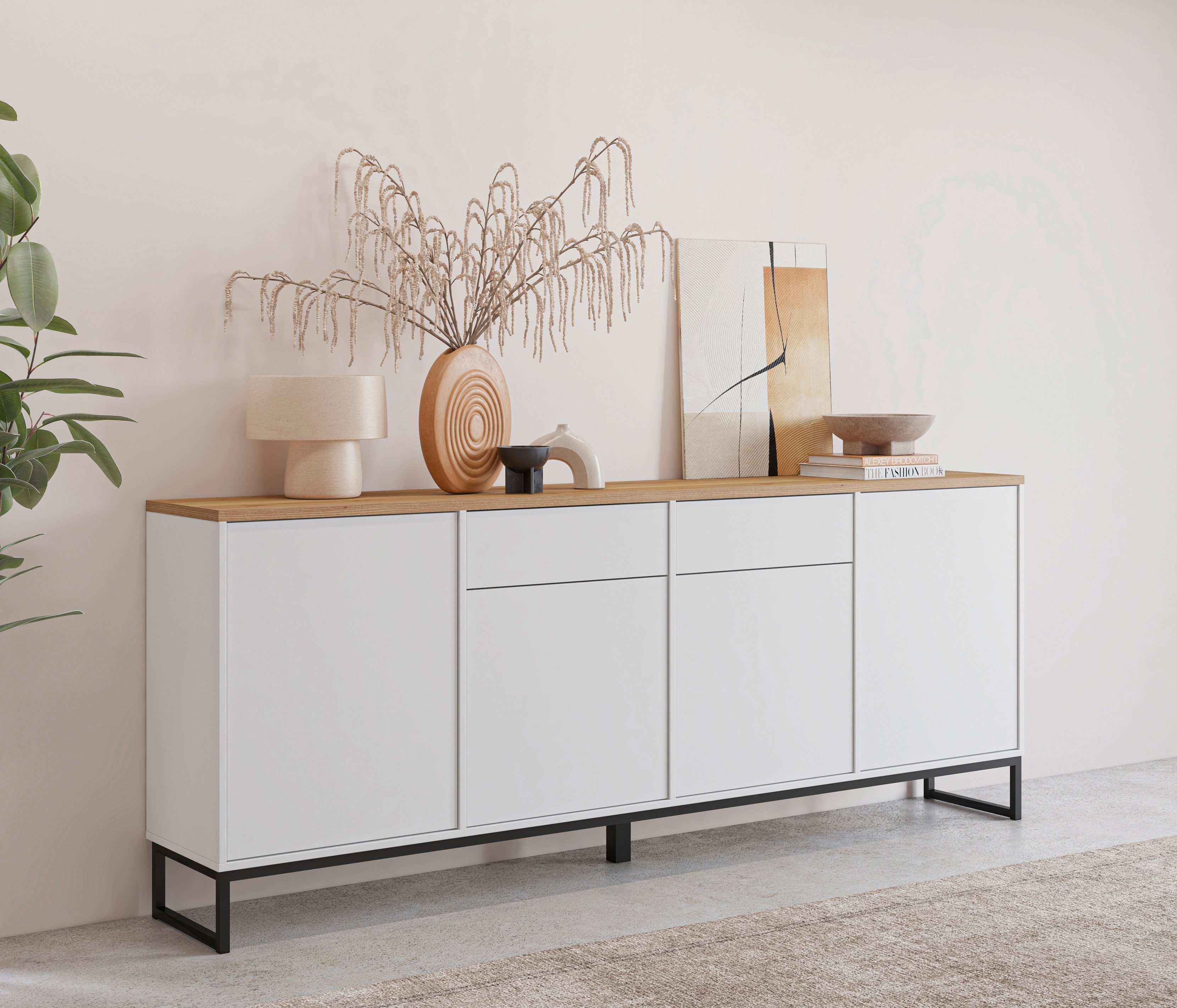 Home affaire Sideboard Alto, Breite 208,5 cm, grifflose Kommode 4 Türen/2 Schubkästen., Schubladenschrank mit viel Stauraum, Einlegeböden verstellbar