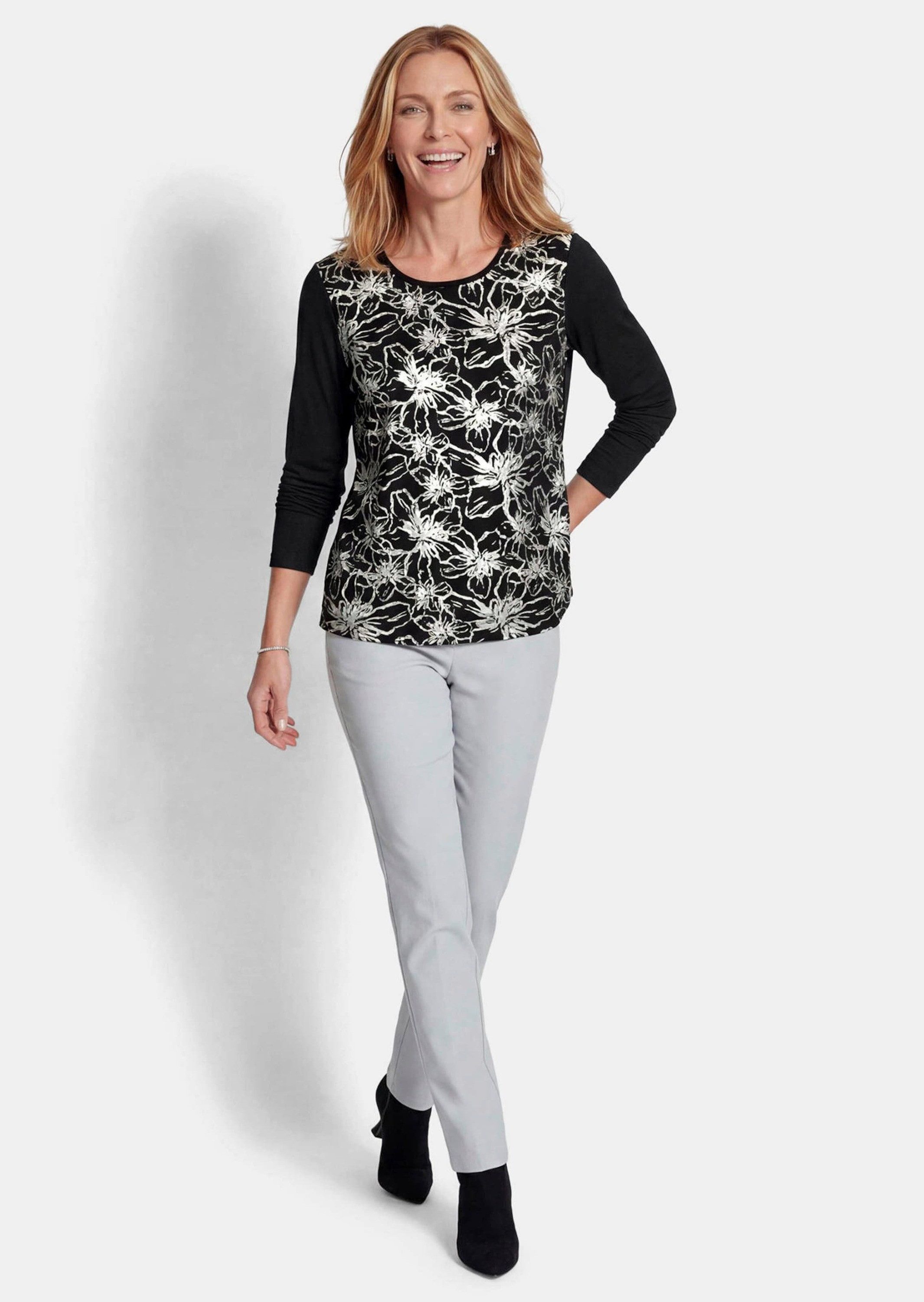 GOLDNER Shirtbluse Blusenshirt mit Blumendruck Shirtbluse im Materialmix mit floralem Frontdruck und Viskose-Jersey