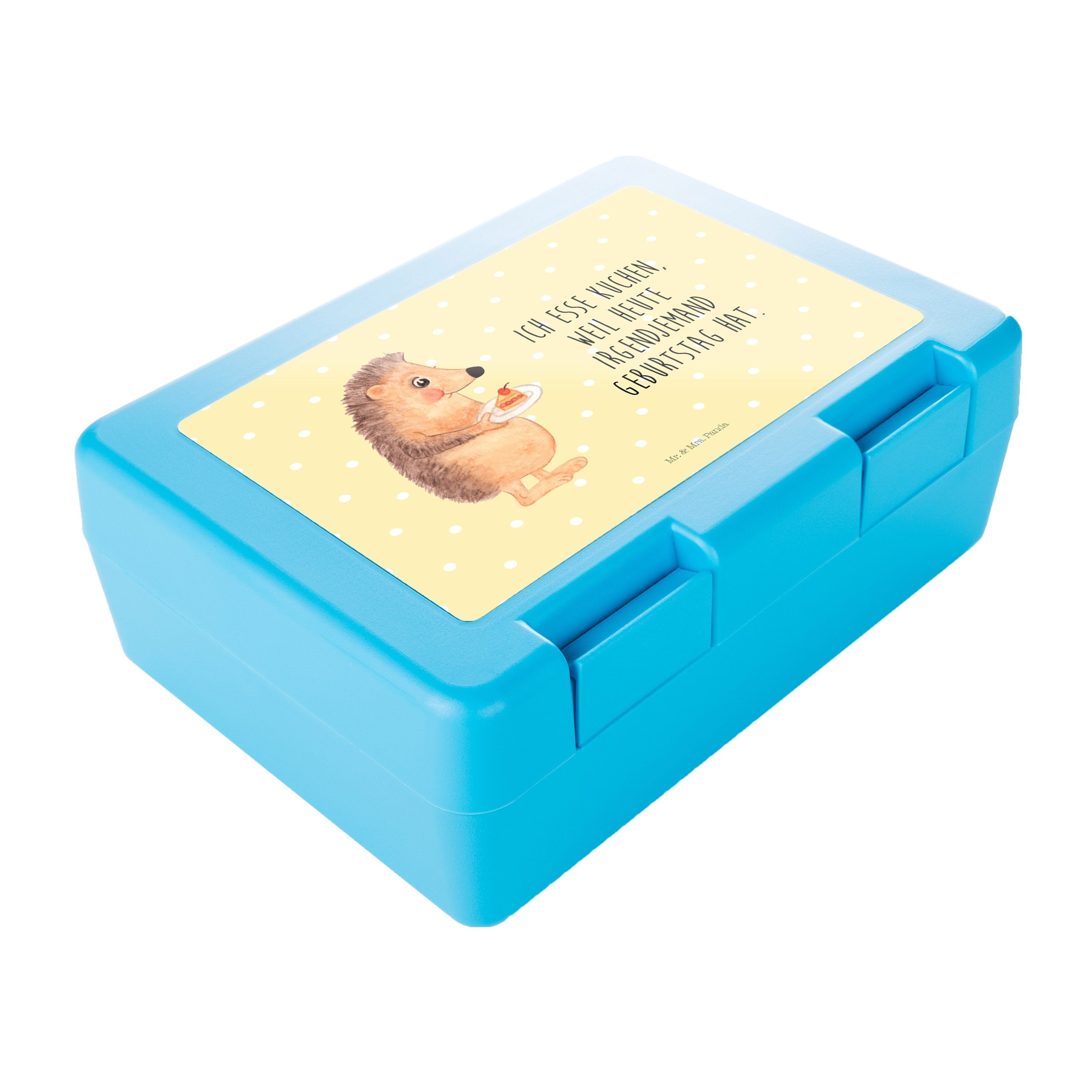 Brotzeitbox, Sp, - Butterdose Gelb Pastell Mr. Igel (1-tlg) Essen mit Geschenk, Premium Kunststoff, - Mrs. & Panda Kuchenstück