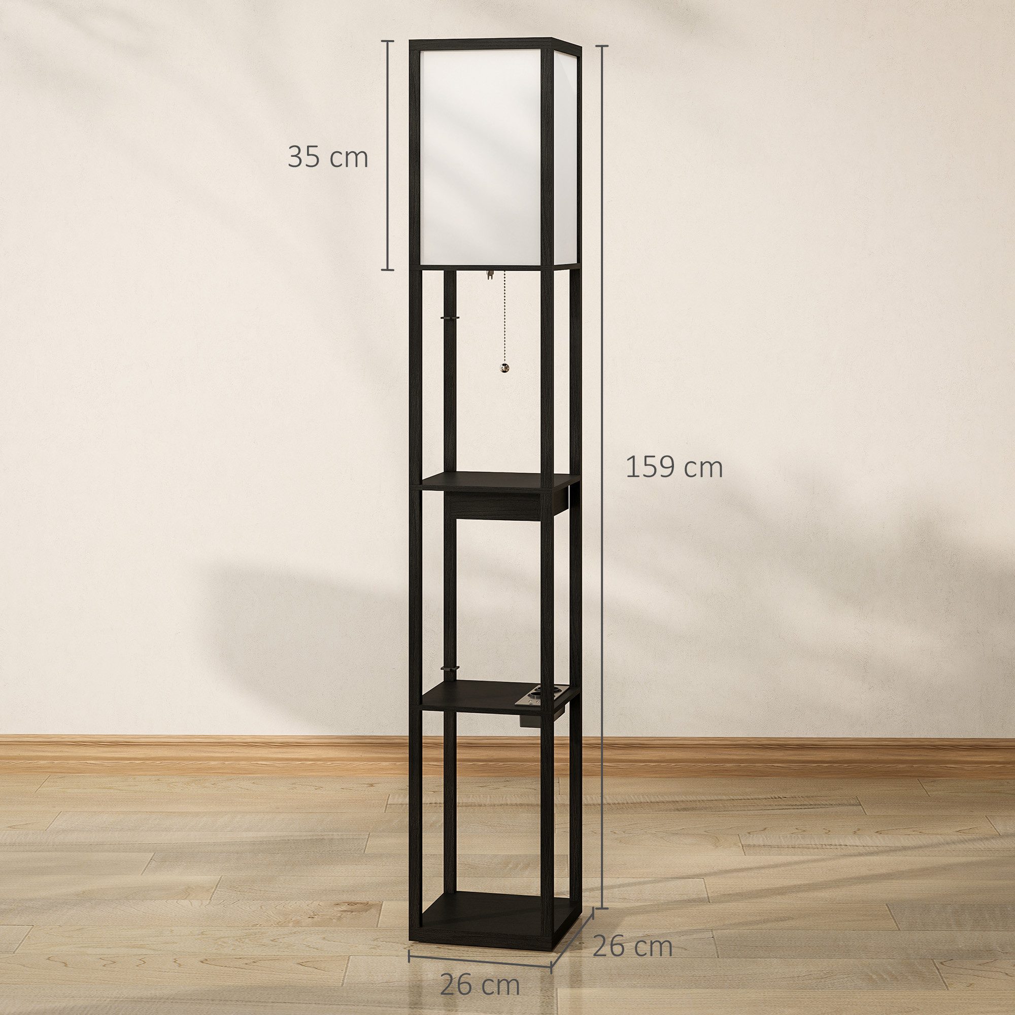 HOMCOM Stehlampe moderne Stehleuchte mit USB-Anschluss, Fußschalter, Ablagen, ohne Leuchtmittel, für Wohnzimmer, Schlafzimmer, Schwarz+Weiß