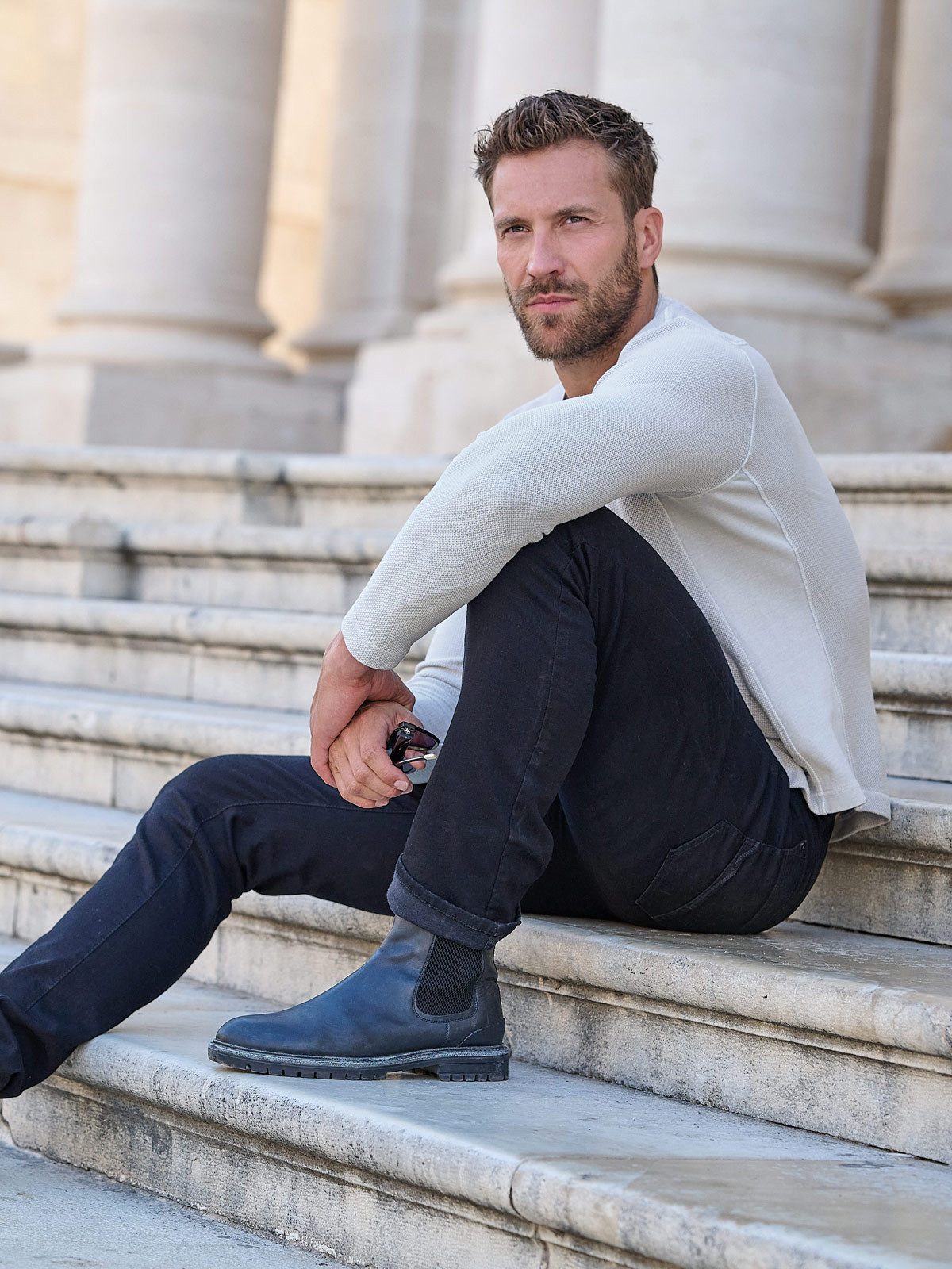 emilio adani Langarmshirt Herren Pullover strukturiert, Hellgrau