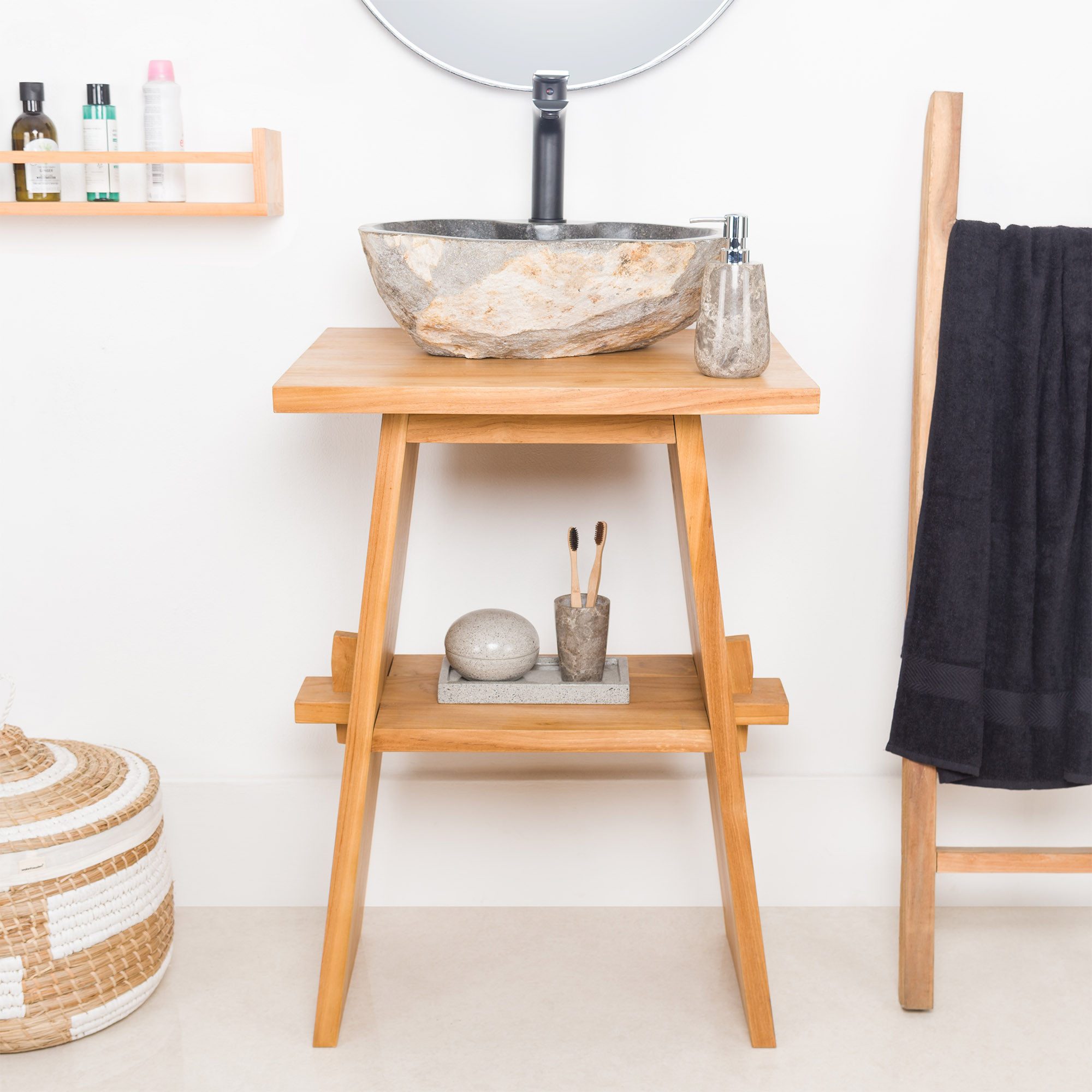 wohnfreuden Waschbeckenunterschrank Teakholz Waschtisch ZEN 60 cm extra hoch