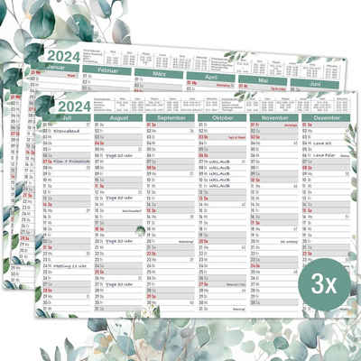 TOBJA Wandkalender 3x A4 Tafelkalender Eukalyptus 2024 Blatt Jahreskalender, Wandkalender, Jahresplaner, Urlaubsplaner A4, Kalender 2024