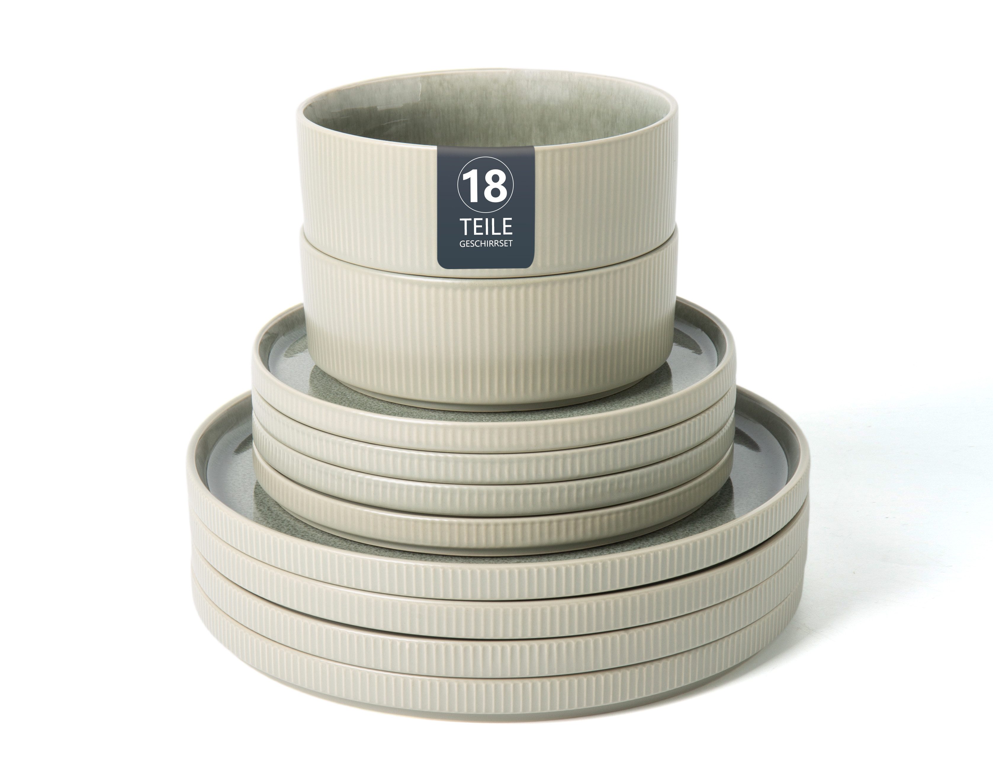 OTTO home Geschirr-Set Ylvii, außen matt, innen reaktiv glasiert (18-tlg), 6 Personen, Steinzeug, Riffeloptik, spülmaschinenfest und mikrowellengeeignet