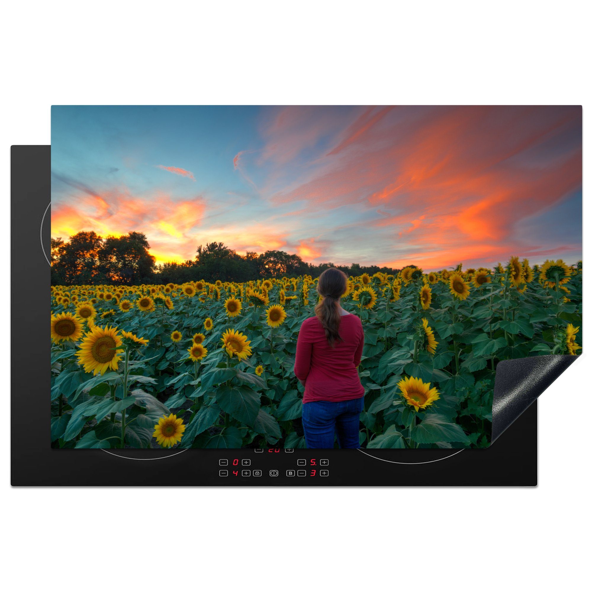 MuchoWow Herdblende-/Abdeckplatte Blumen - Sonnenuntergang - Sonnenblume, Vinyl, (1 tlg), 81x52 cm, Induktionskochfeld Schutz für die küche, Ceranfeldabdeckung
