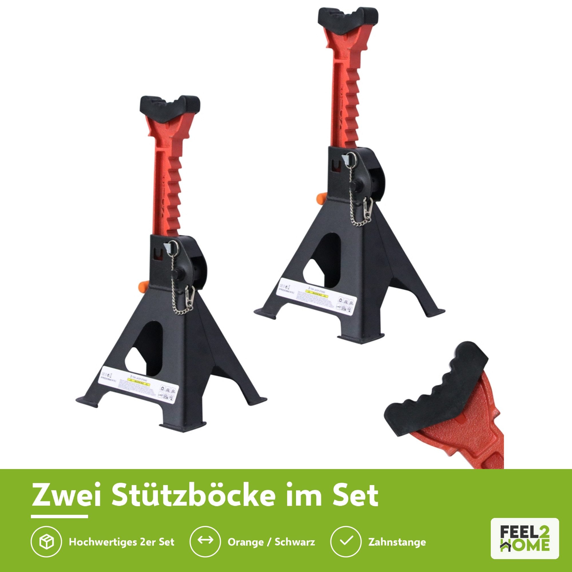 Feel2Home Unterstellbock Unterstellbock 2x 3000KG PKW Wagenheber 3 T höhenverstellbar KFZ, (Set, 2-St., Unterstellböcke), 9 stufige Höhenverstellung dank Zahnst – Bild 5 von 5