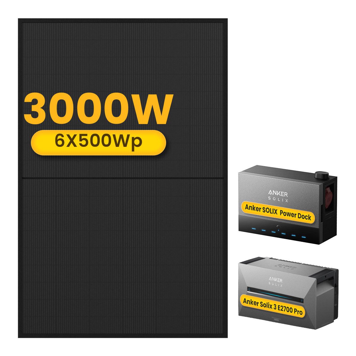 Anker Balkonkraftwerk 3000W Anker SOLIX Solarbank Power Dock mit Solarbank 3 Pro Speicher, (Power Dock und 6x 500Wp Solarmodule im Lieferumfang enthalten), Speicher mit integriertem Wechselrichter, All-in-One 2,68kWh Akku