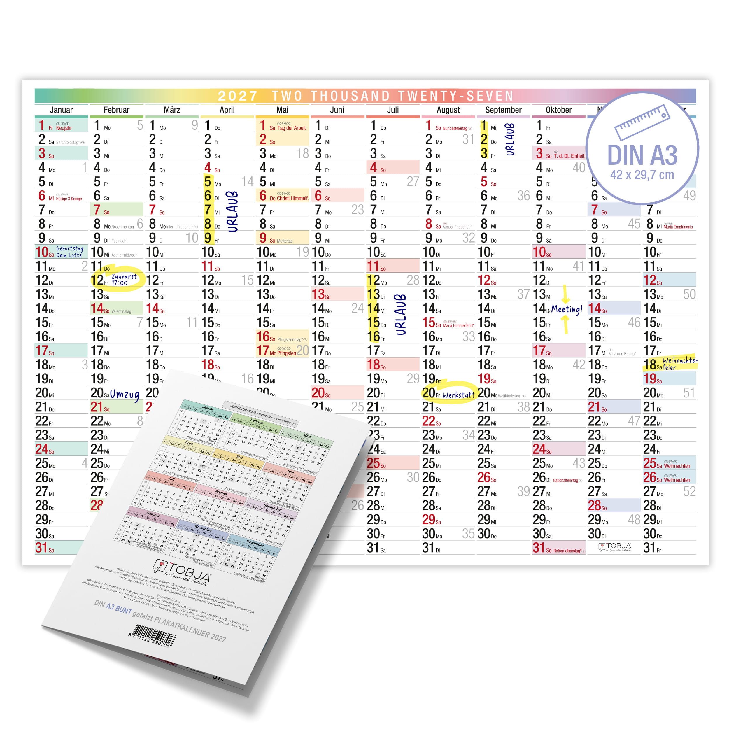 TOBJA Wandkalender Wandkalender 2027 A3 Bunt – Großer Jahresplaner Querformat, Regenbogen-Farben, KW, FSC-Papier, Rückseite Jahresplanung