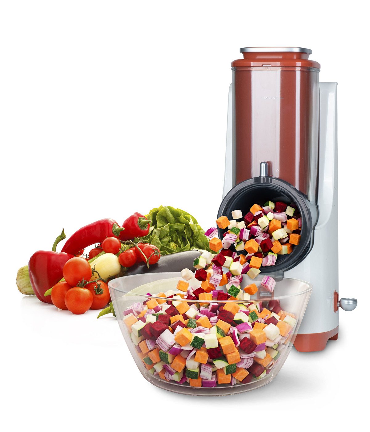 Genius Gemüseschneider Nicer Dicer Electro PRO Set 32-tlg., terracotta, Gemüseschneider, 80 W, Präzise und gleichmäßige Ergebnisse in Sekundenschnelle