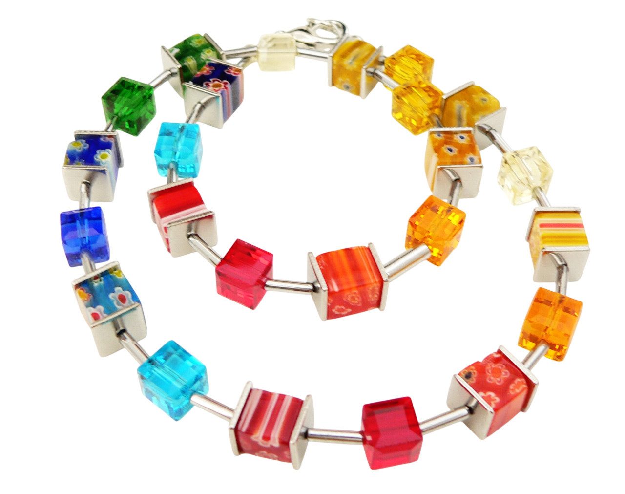 traumschmuck Collier 107c Collier Würfel Glas Millefiori Kristallglas facettiert bunt (inkl Schmuckbox), handgefertigt, Made in Germany