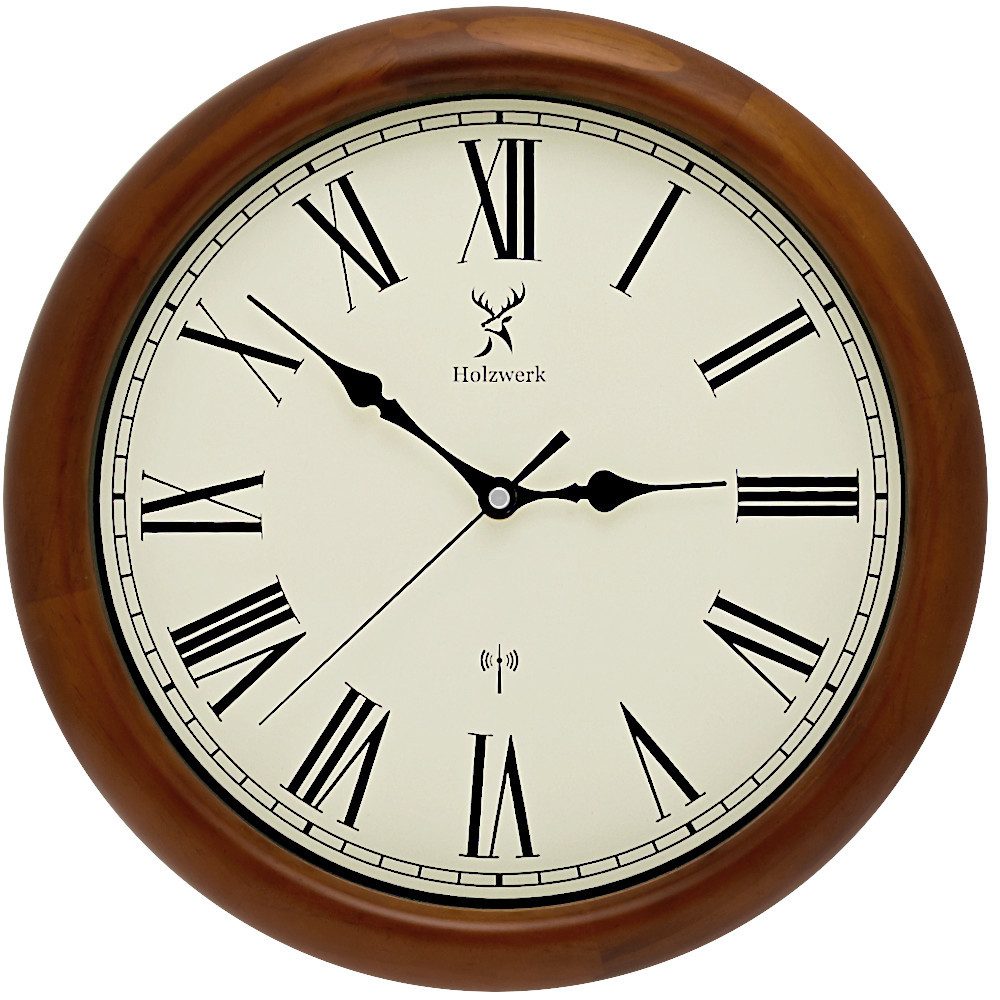 Holzwerk Designer Loft Funk Holz Wand Uhr, römische Ziffern (Nahezu lautloses Uhrwerk, analog, 35 cm)