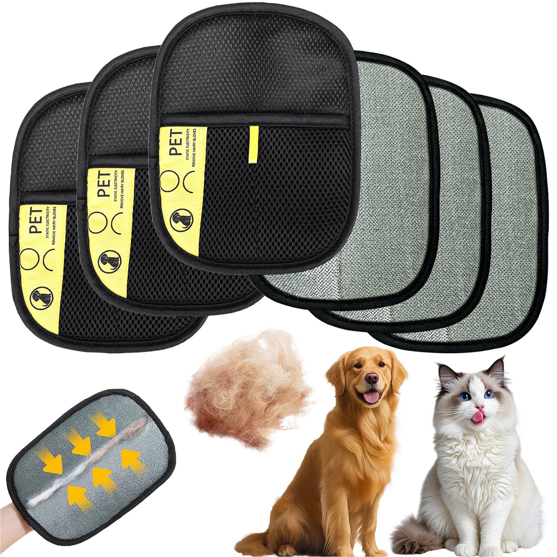 Mutig Fellpflegehandschuh 6 Stück Pet Hair Remover Katzenhandschuh, Antistatische Handschuhe, für Katzen und Hunde, (Doppelseitige Fellhandschuhe, Katze Pet Grooming Gloves), für Waschen Enthaaren, Reinigung von Teppichen Sofas
