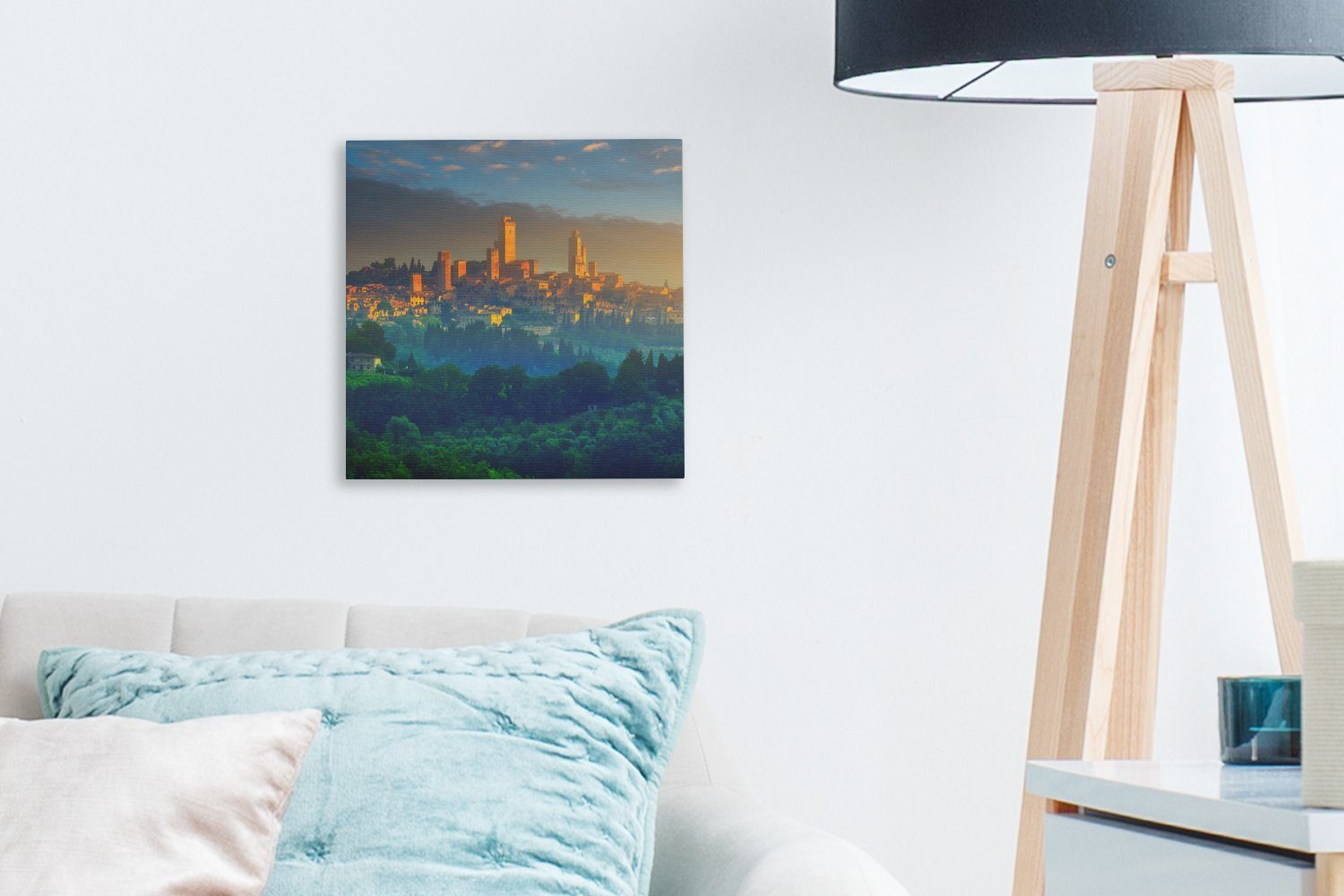 für Wohnzimmer St), OneMillionCanvasses® Gimignano der in Leinwand San Bilder über (1 Sonnenaufgang Leinwandbild Italien, Schlafzimmer Toskana,