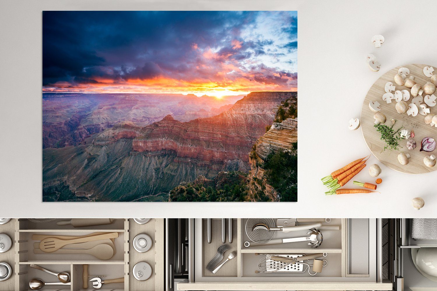 70x52 MuchoWow tlg), Blick auf Sonnenaufgang, nutzbar, Ceranfeldabdeckung den bei Mobile Grand Canyon Arbeitsfläche Vinyl, (1 cm, Herdblende-/Abdeckplatte