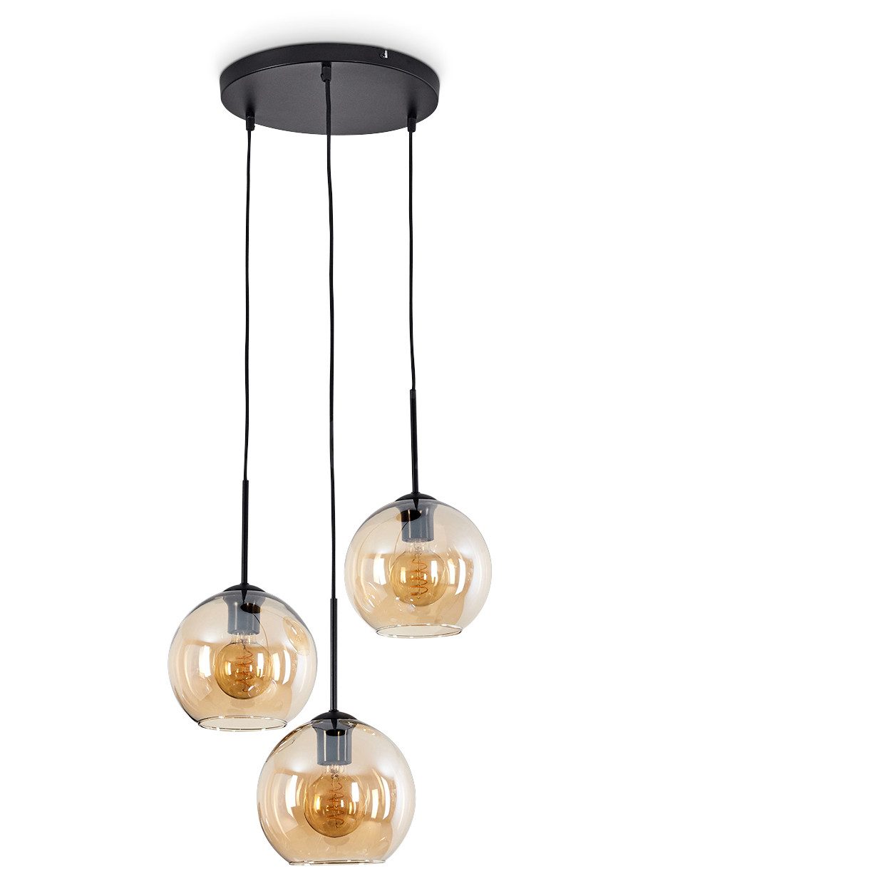 hofstein Hängeleuchte »Cesaro« runde Hängelampe aus Metall/Glas in Schwarz/Bernsteinfarben, ohne Leuchtmittel, Leuchte im Vintage/Retro Design mit Schirmen aus Glas (20cm), 3xE27