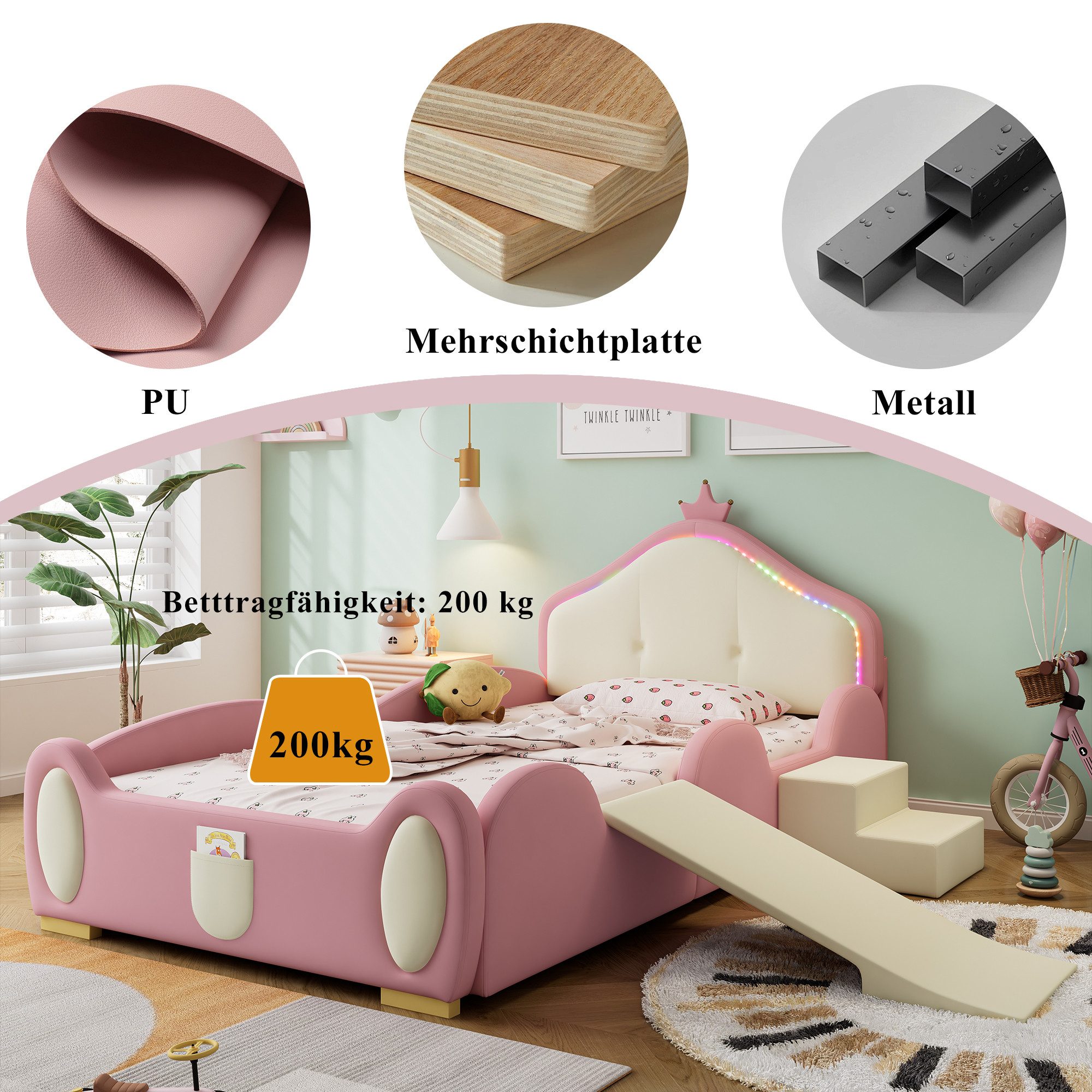 OKWISH Children's Interactive Upholstered Bed 90x200 cm with Slide & LED (Interactive single bed made of faux leather, with wooden slats, made of faux leather, with soft protective edges & interchangeable stairs), with wooden slats, without mattress – for playful adventures in the dark