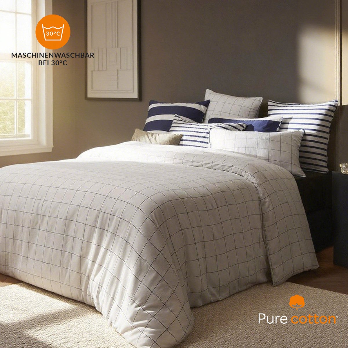 Pure cottom Bettwäsche Baumwoll-Satin weiß/blau, Baumwoll-Satin, verschiedene Größen