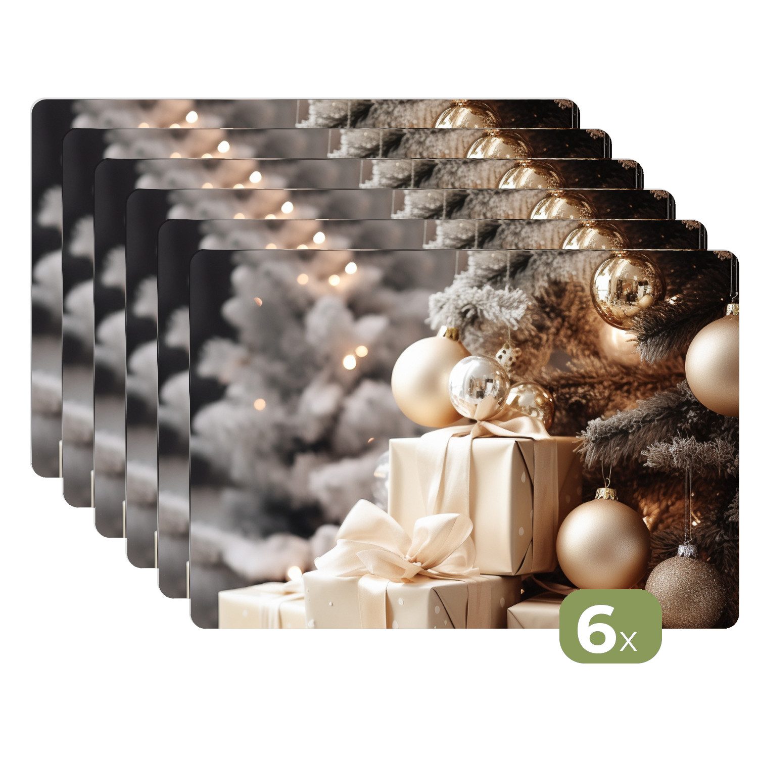 MuchoWow Platzset Weihnachtsbaum - Geschenke - Christbaumkugeln - Gold, (6-St), Platzsets, Tischset, Abwaschbar, Tischsets, Platzdeckchen