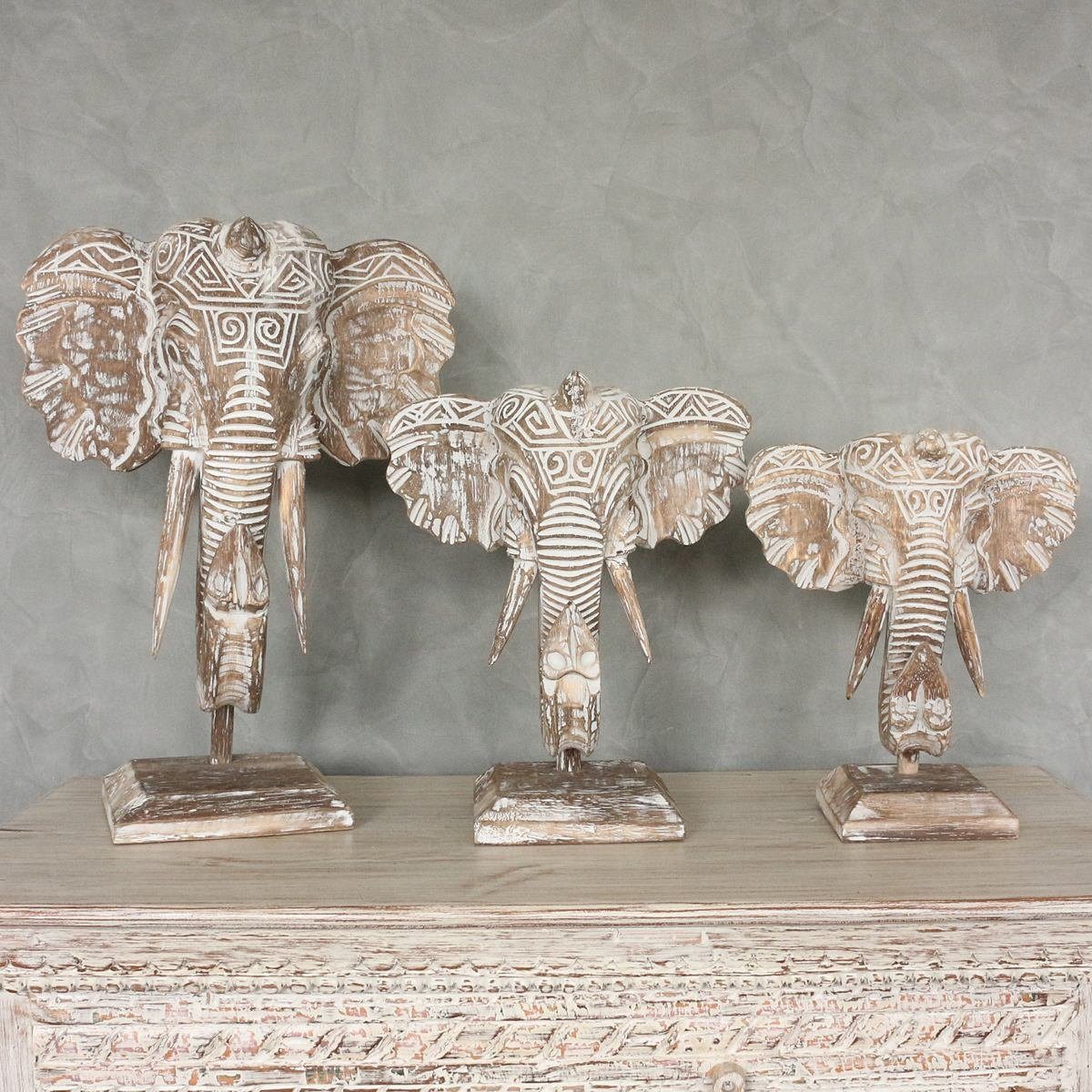 in 30 Oriental Skulptur Handarbeit im Galerie Holz Elefantenkopf traditionelle (1 klein Ursprungsland Braunwash Dekofigur cm St), Herstellung