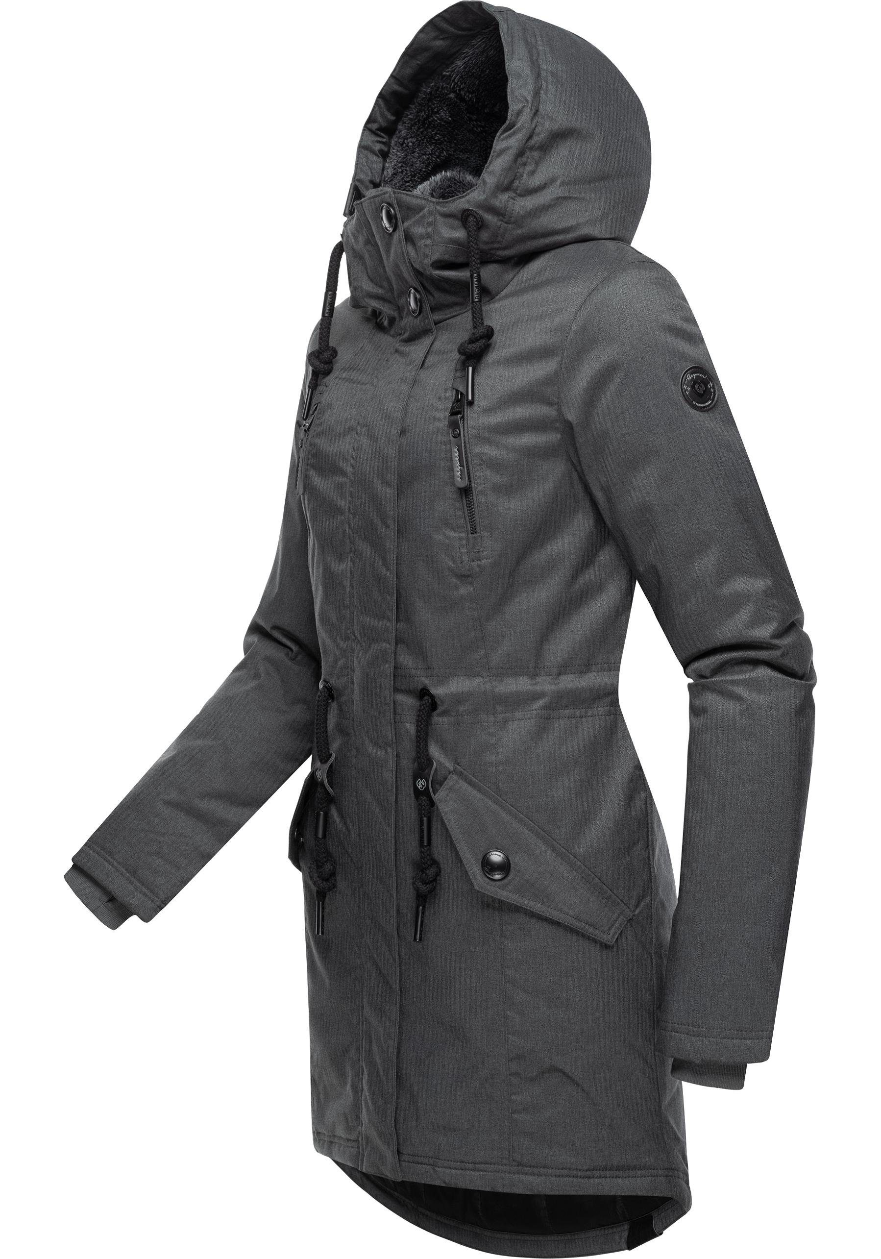 Ragwear Wintermantel Elsie Melange wasserdichter Winterparka mit Kapuze und Teddyfleece