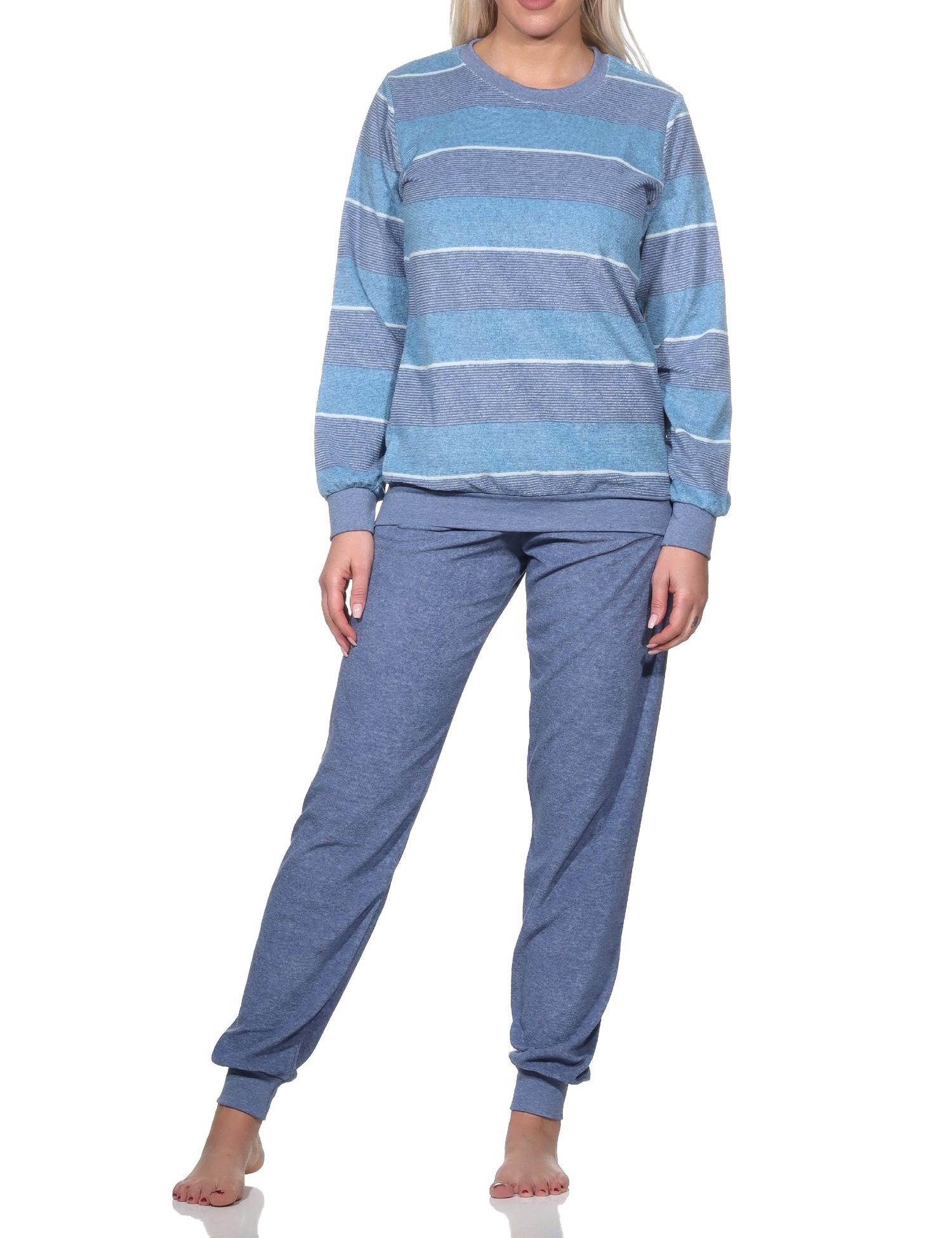 Pyjama Damen Frottee Schlafanzug mit Bündchen in elegantem Streifendesign