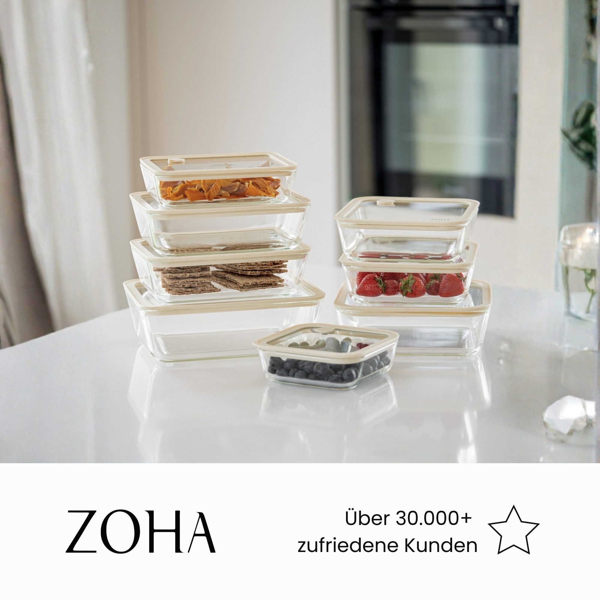 Zoha Frischhaltedose mit Organizer aus Akazienholz - luftdichte Deckel mit Frischeventil, Borosilikatglas, (Spar-Set, 6-tlg., 6 verschiedene Größen), oohne BPA  – Bild 4 von 5