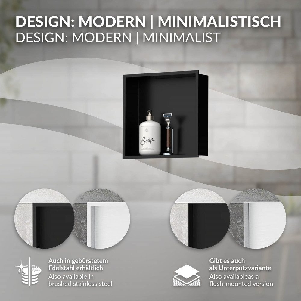 LuxeBath Duschwand Wandnische mit Rahmen aus Edelstahl Flexibler Einbau für Badezimmer, Duschnische Schwarz 30x30x10cm Einzelregal & Rahmen Befliesbare Nische