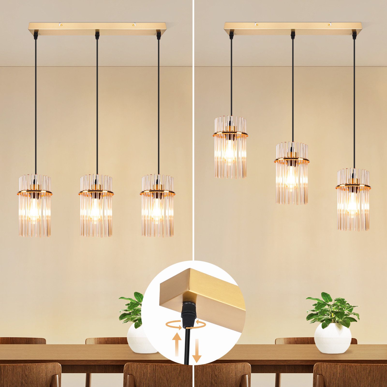 ZMH Pendelleuchte Esstisch Hängelampe 2/3/5 Flammig mit Glas & Metall E27, ohne Leuchtmittel, moderne Pendelleuchte höhenverstellbar für Esszimmer Bar, Hotel