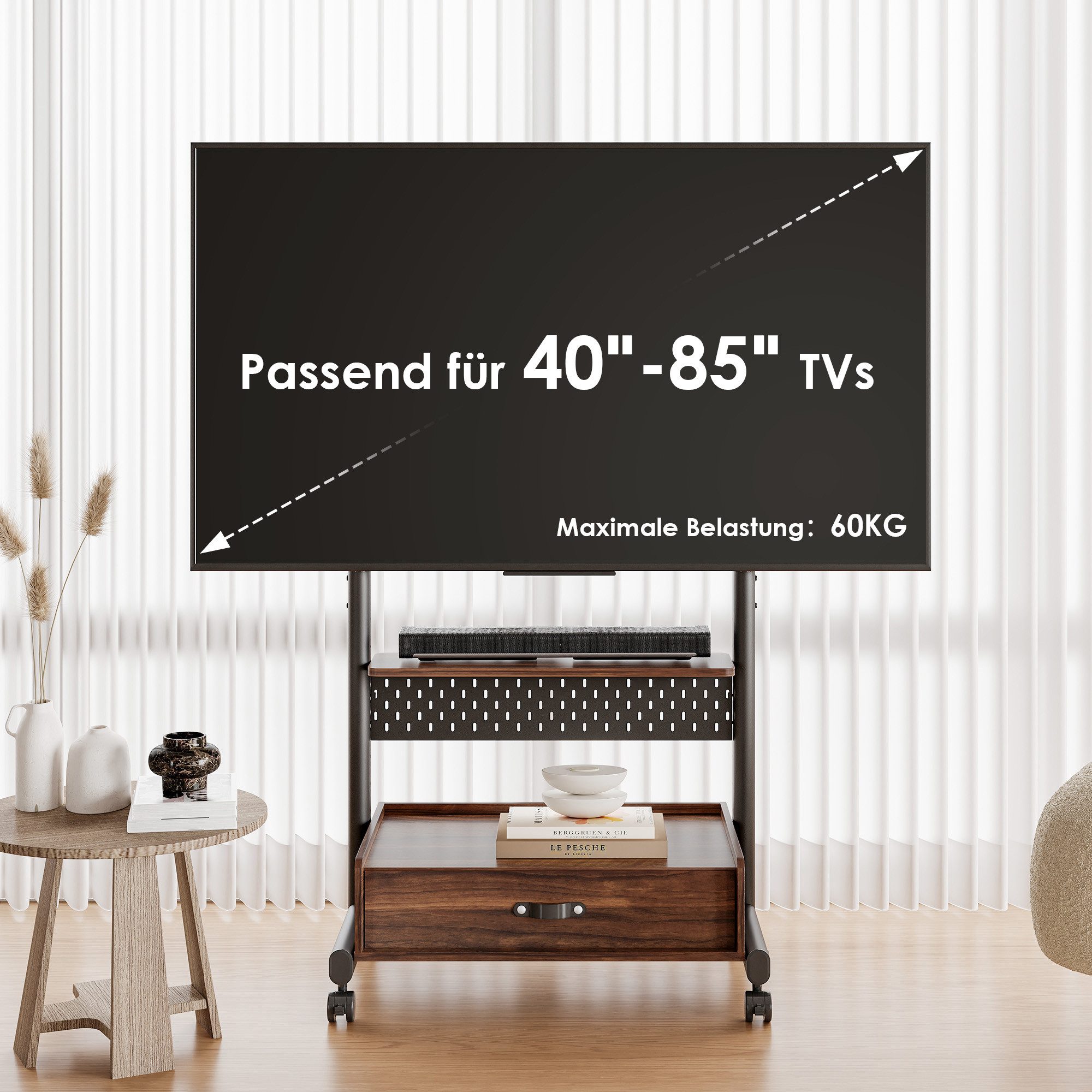 FITUEYES TV-Ständer TV-Rollwagen mit Schublade, Ablage, Lochwand, 40-85 Zoll, (bis 85 Zoll, höhenverstellbar, mobil, mit feststellbaren Rädern) – Bild 4 von 5