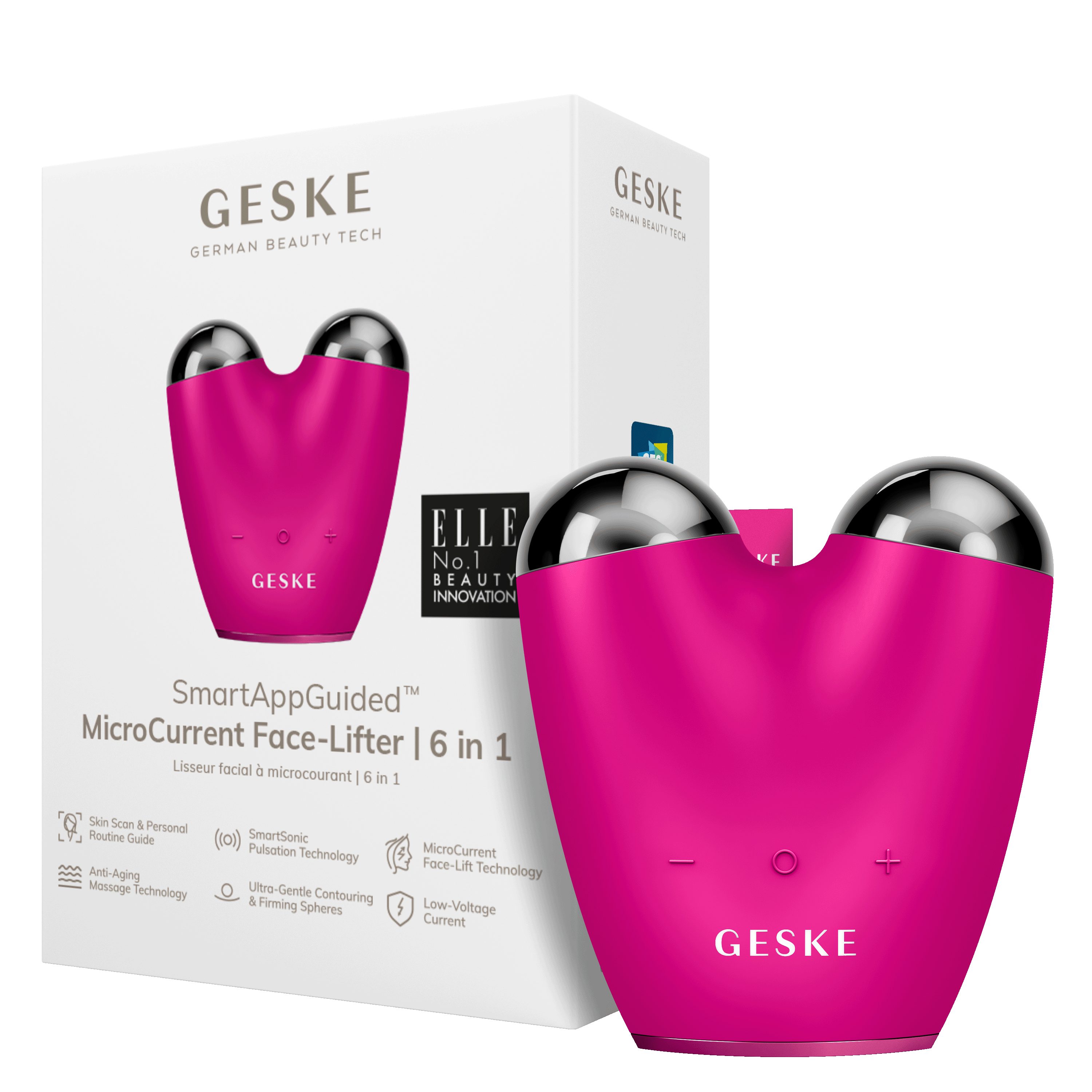 GESKE German Beauty Tech Enhancer SmartAppGuided™ MicroCurrent Face-Lifter 6 in 1, Packung (Gerät & USB-Ladekabel), 2-tlg., Gerät inkl. kostenloser APP (SmartAppGuided Device), Mit der GESKE App erhältst Du deine personalisierte Hautpflegeroutine. Magenta