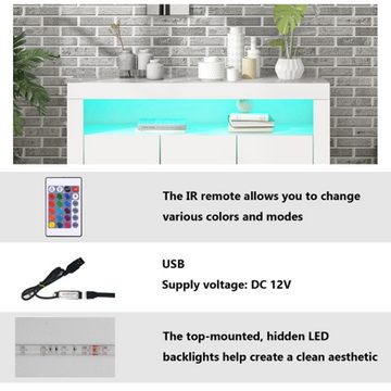 XDeer Sideboard Sideboard-Vitrine mit LED-Leuchten, moderne 3-türige Holz, Buffetschrank-Aufbewahrungseinheit mit Fernbedienung für Küche