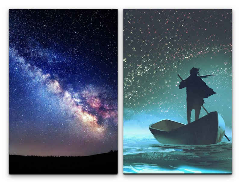 Sinus Art Leinwandbild 2 Bilder je 60x90cm Sternenhimmel Galaxie Milchstraße Bootsmann Ruderboot Fantasie Träumerisch