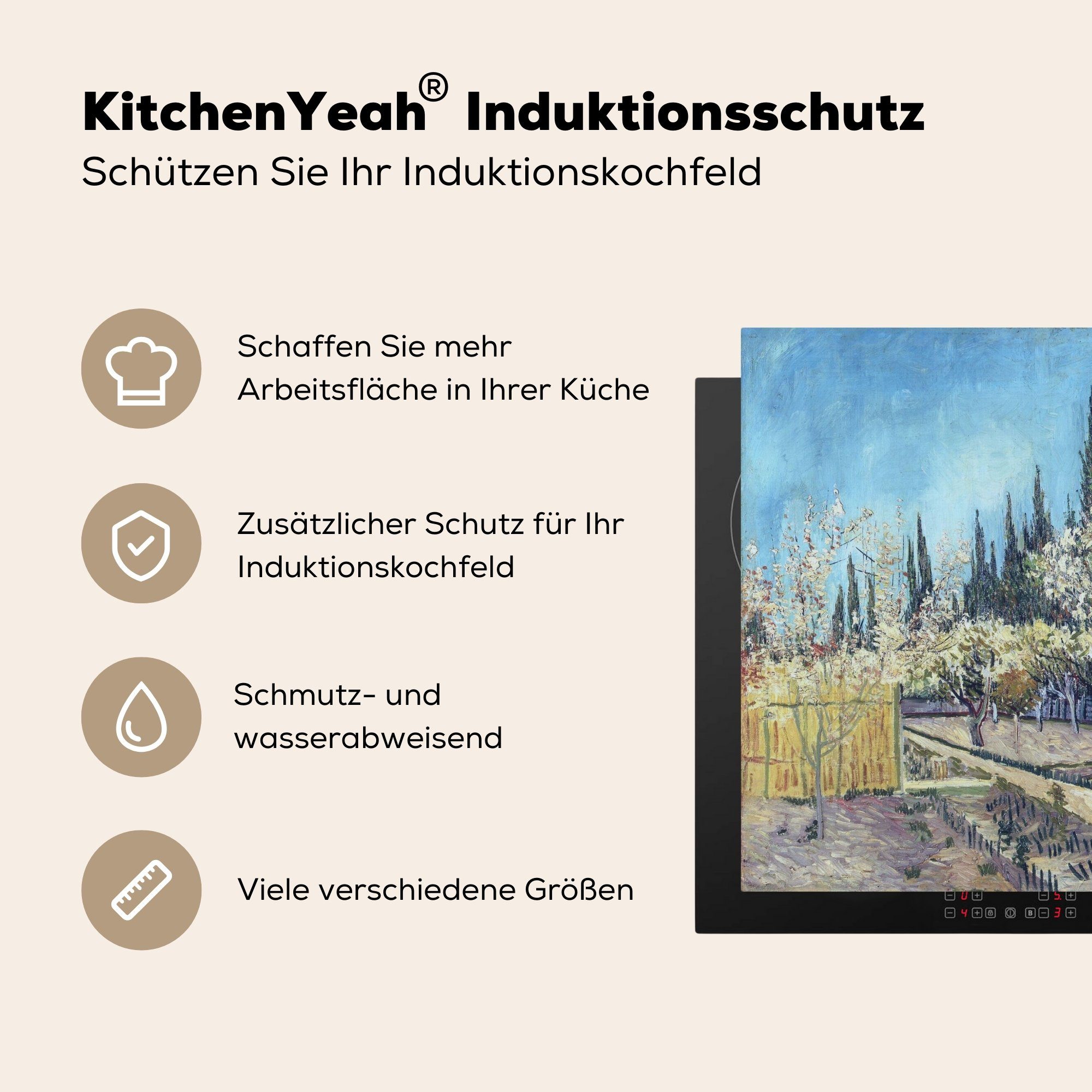 die Vincent van Vinyl, MuchoWow 59x52 cm, Zypressen für Herdblende-/Abdeckplatte küche, vor Ceranfeldabdeckung (1 Gogh, Induktionsmatte Obstgarten tlg), -