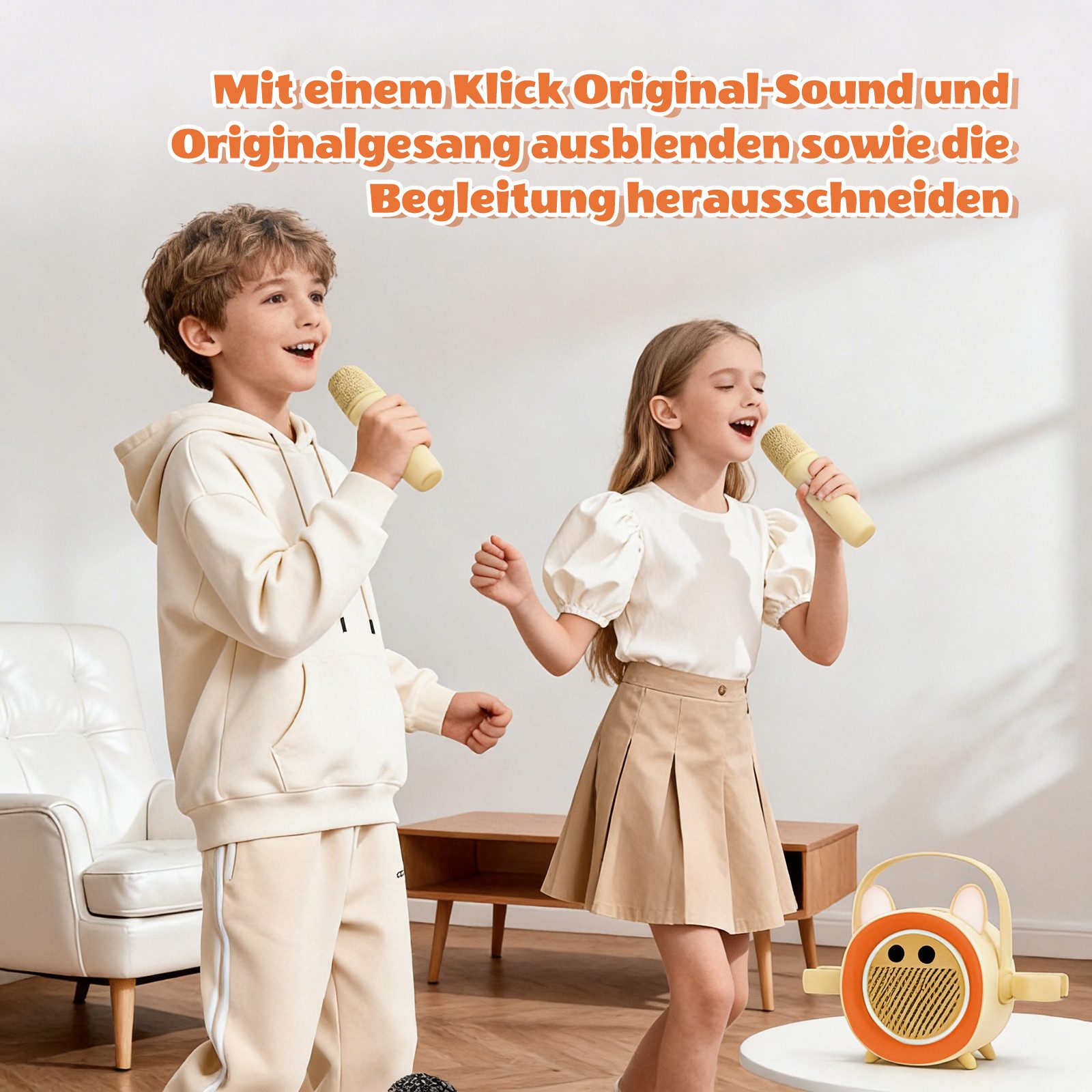 BBG Karaoke Box für Kinder mit 2 kabellosen Mikrofonen Karaoke-Maschine (5 W, Tragbar mit Bluetooth, Licht & Stimmeneffekten, Aufnahme)