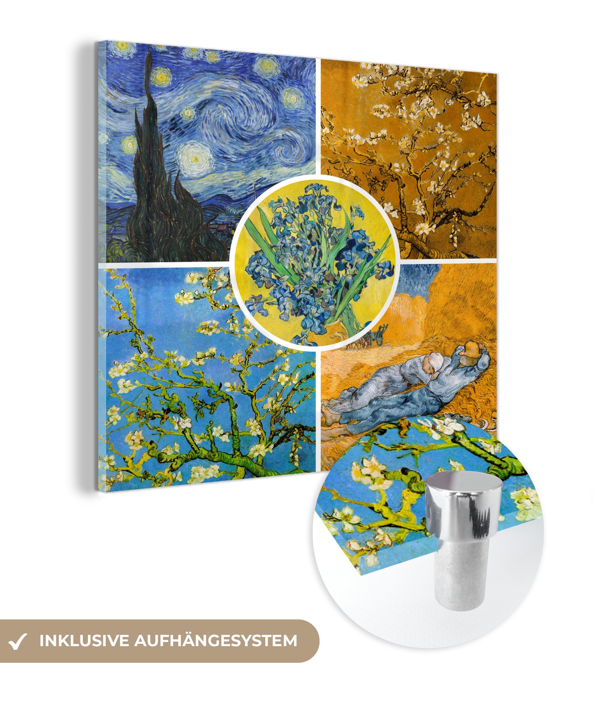 MuchoWow Acrylglasbild Van Gogh - Collage - Sternennacht, (1 St), Glasbilder - Bilder auf Glas Wandbild - Foto auf Glas - Wanddekoration