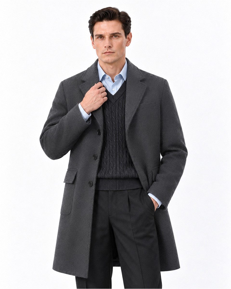 Allthemen Wollmantel Herren Langer Wollmantel Regular Fit mit Reverskragen Wintermantel