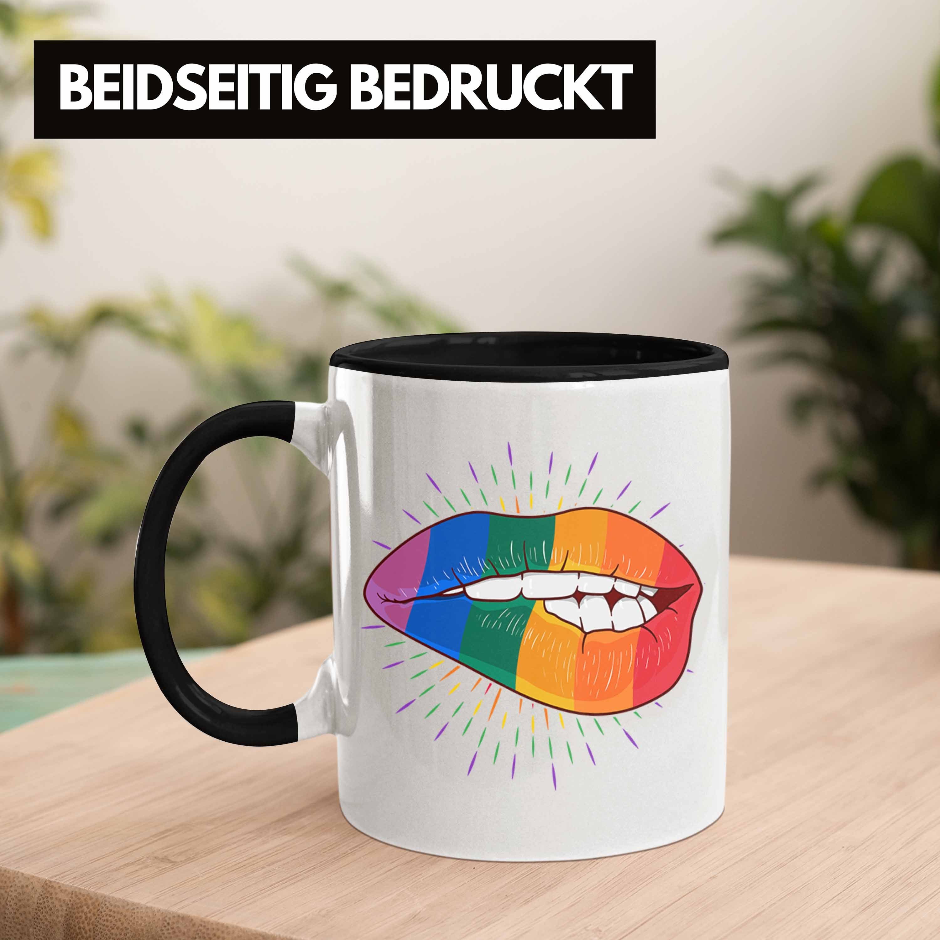 Tasse für Geschenk Lesben Bunte Trendation Lippe Regenbogen - Grafik Tasse Lustige Trendation Transgender Schwule Schwarz LGBT Regenbogen
