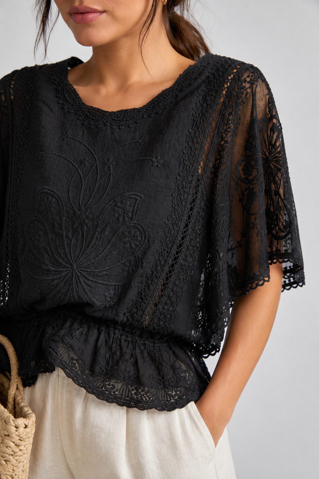 ITALY VIBES Spitzenbluse - Damen Spitzenbluse mit Lochstickerei, Boho Sommerbluse, Kurzarm ONE SIZE, passend für Größe XS bis L