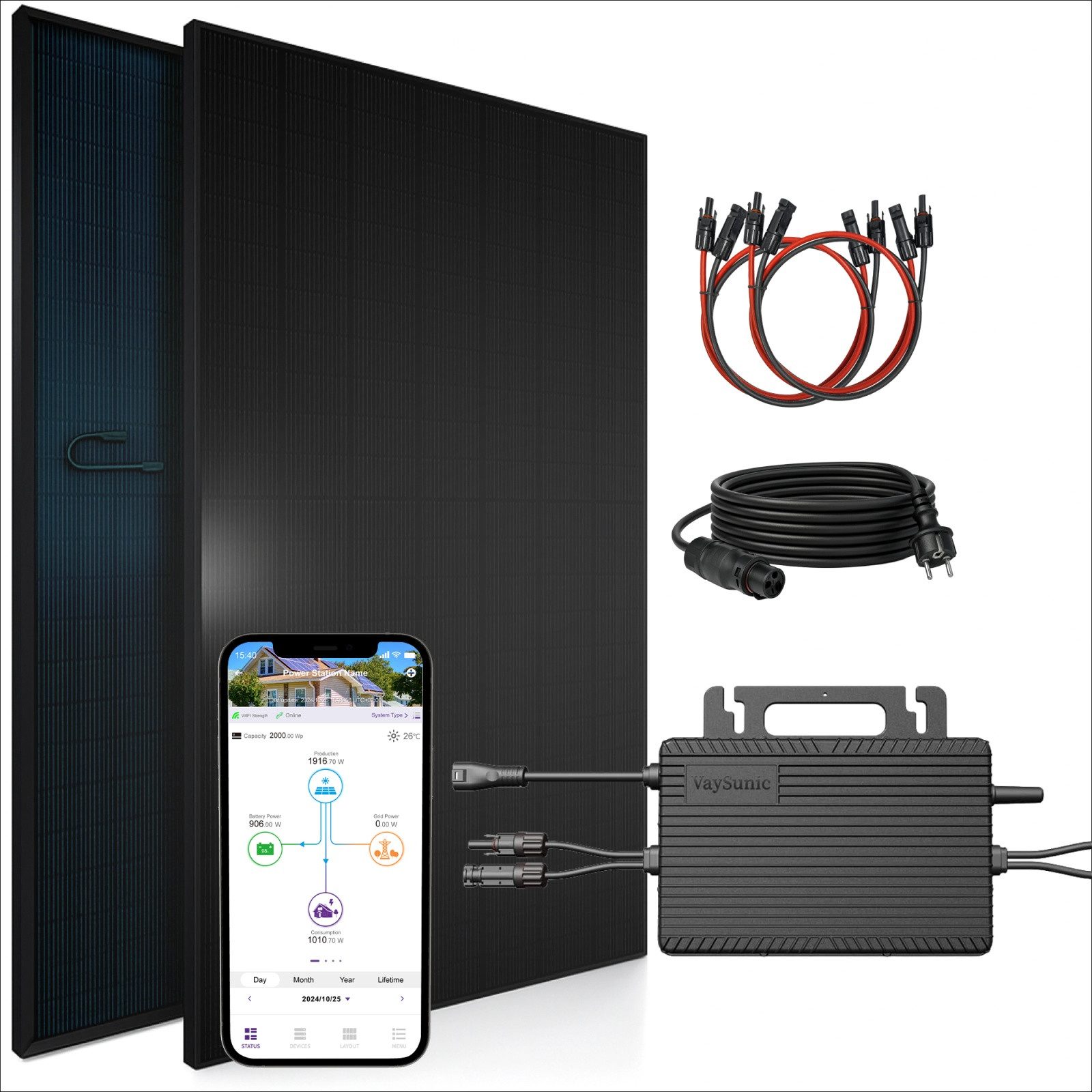 SUNNIVA Balkonkraftwerk 920W BIFAZIAL FULLBLACK komplett Steckdose, (VAYSUNIC VM800WE-BE-P2 800W Wechselrichter, PV Solaranlage Komplettset,2x460W Glas-Glas Bifacial Solarmodule, 5m + 4x1m Kabelset)